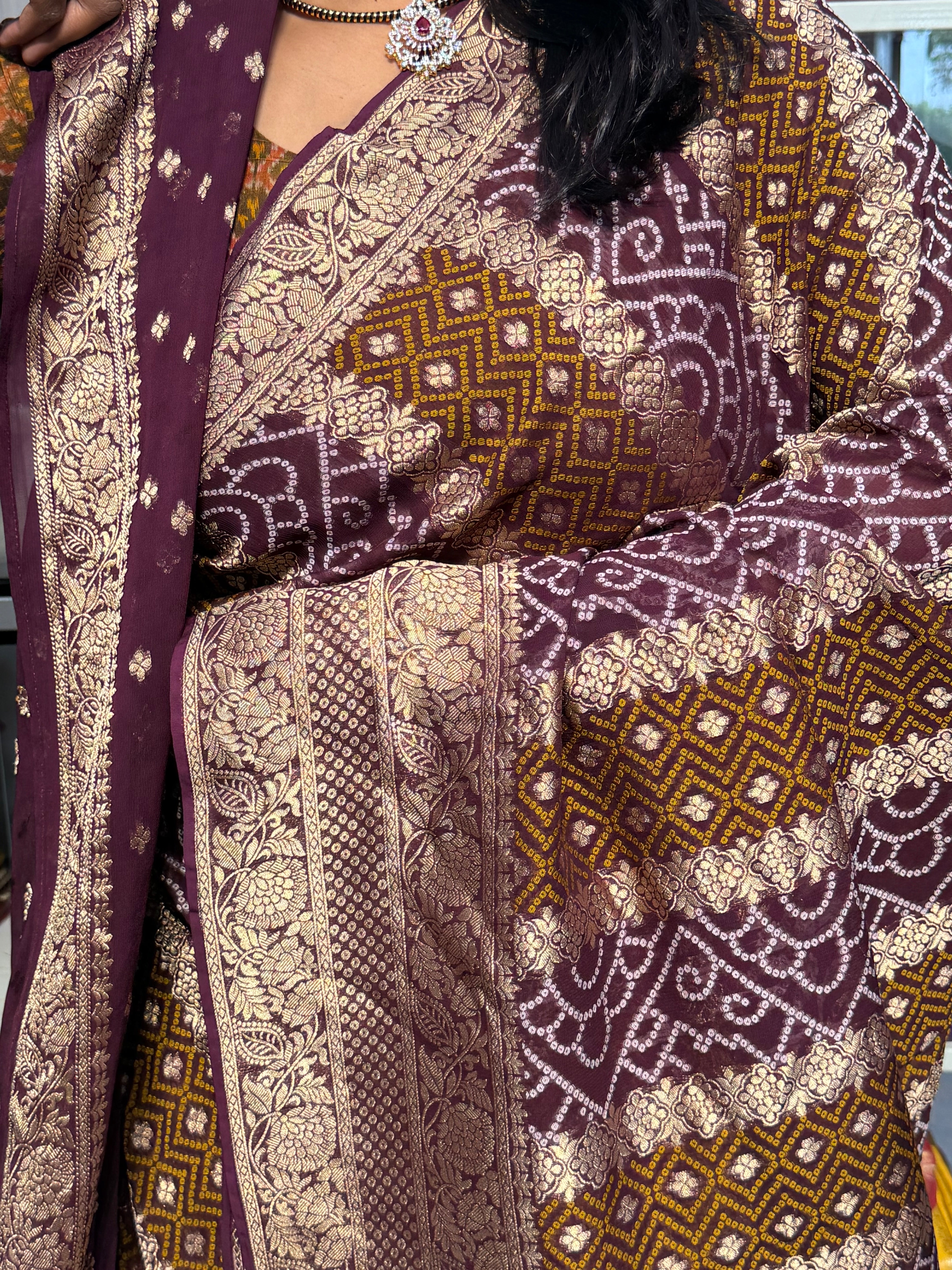 PURE KHADDI GEORGETTE WITH BANDINI FUSION: BROWN