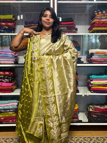 Pure tissue silk saree with satin meenakari border: Mehendi green color