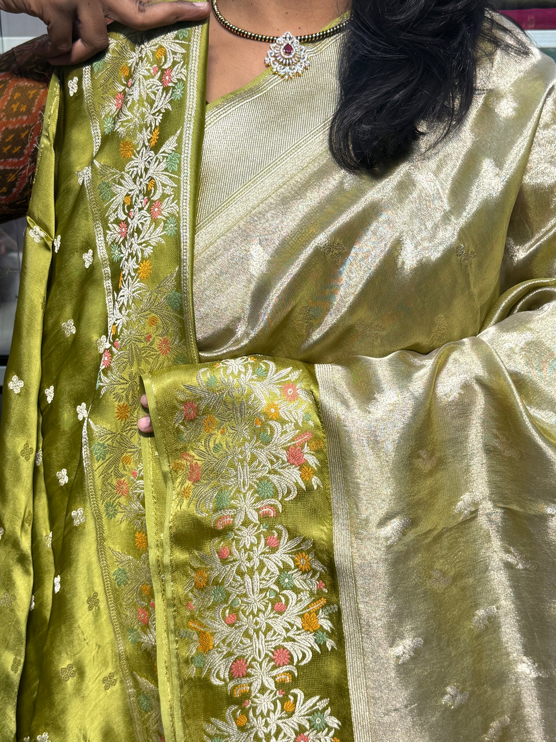 Pure tissue silk saree with satin meenakari border: Mehendi green color