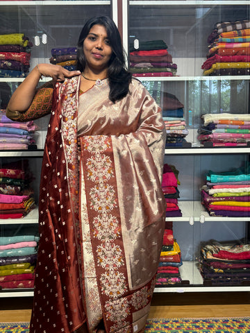 Pure tissue silk saree with satin meenakari border: SNUFF COLOR