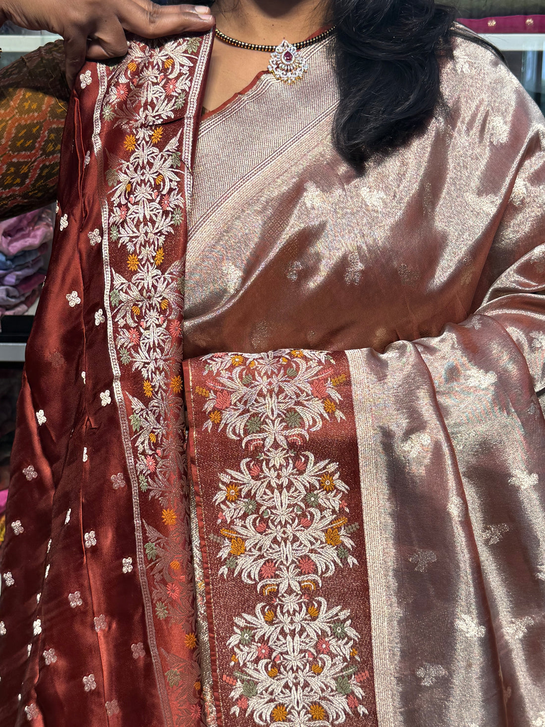 Pure tissue silk saree with satin meenakari border: SNUFF COLOR