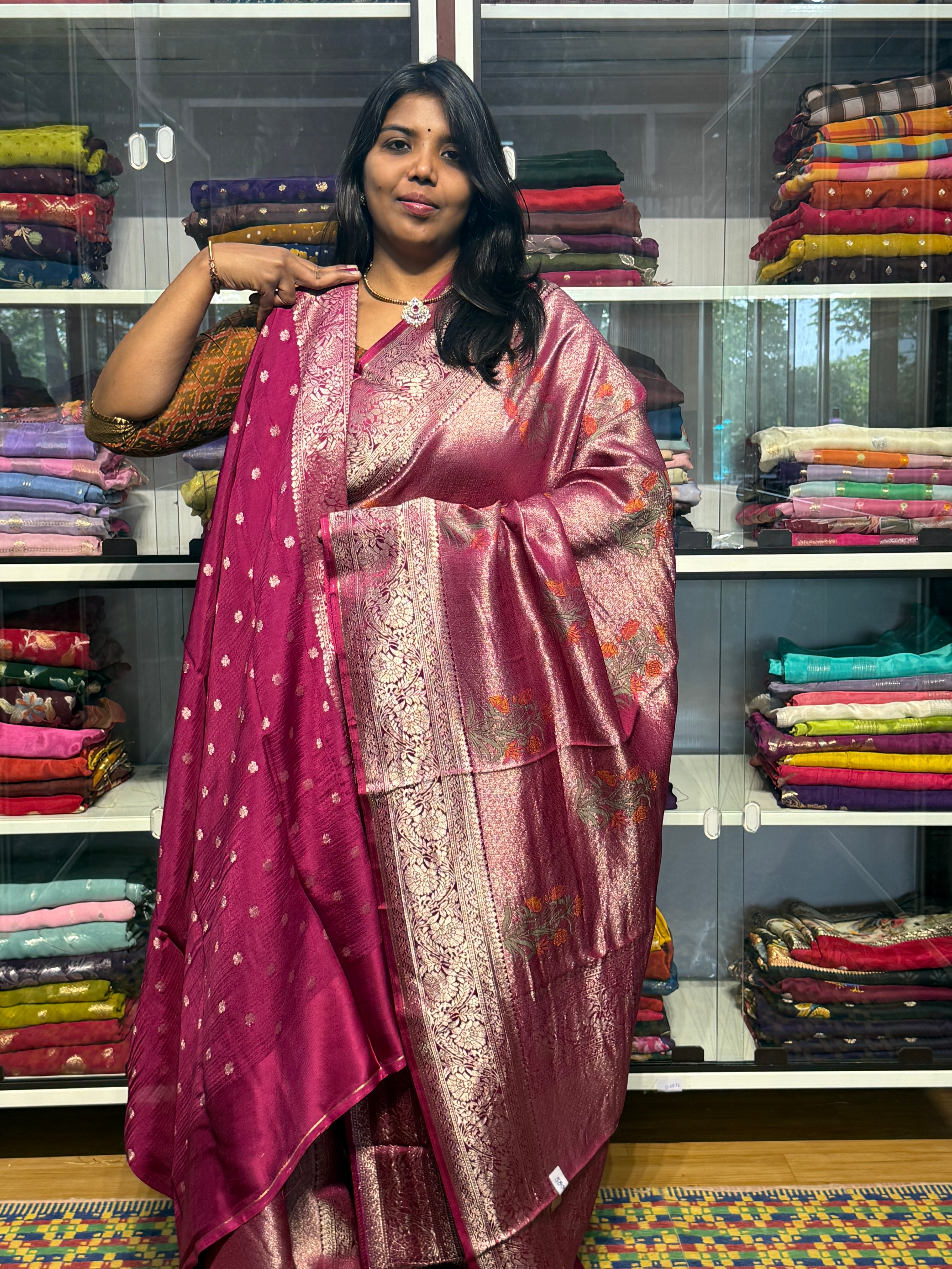 PURE KOTA TISSUE WITH MEENAKARI FLORAL BUNCHES: MAGENTA