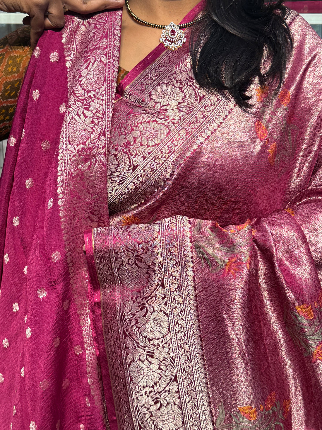 PURE KOTA TISSUE WITH MEENAKARI FLORAL BUNCHES: MAGENTA