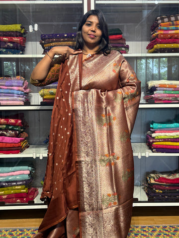 PURE KOTA TISSUE WITH MEENAKARI FLORAL BUNCHES: BROWN