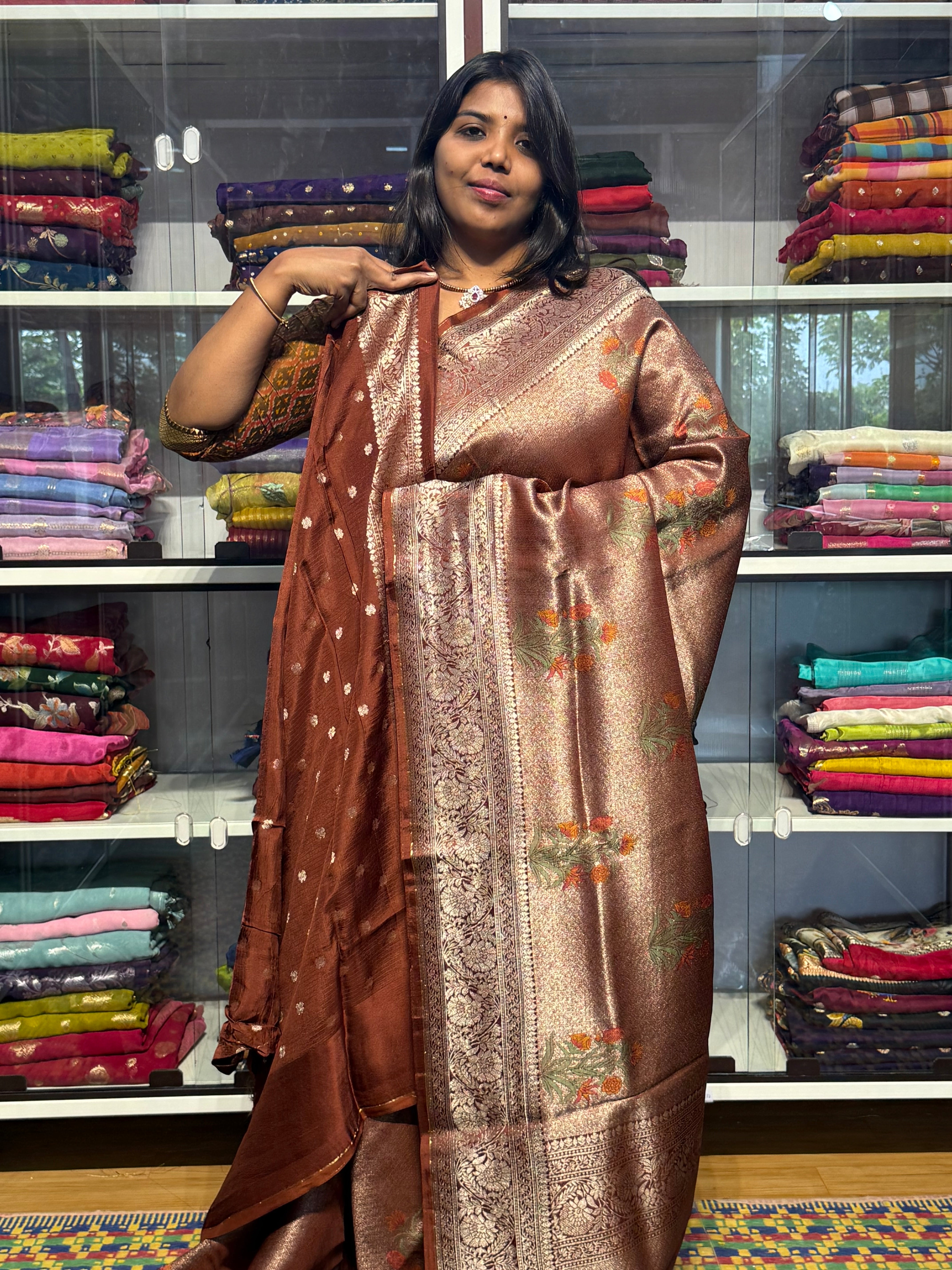 PURE KOTA TISSUE WITH MEENAKARI FLORAL BUNCHES: BROWN