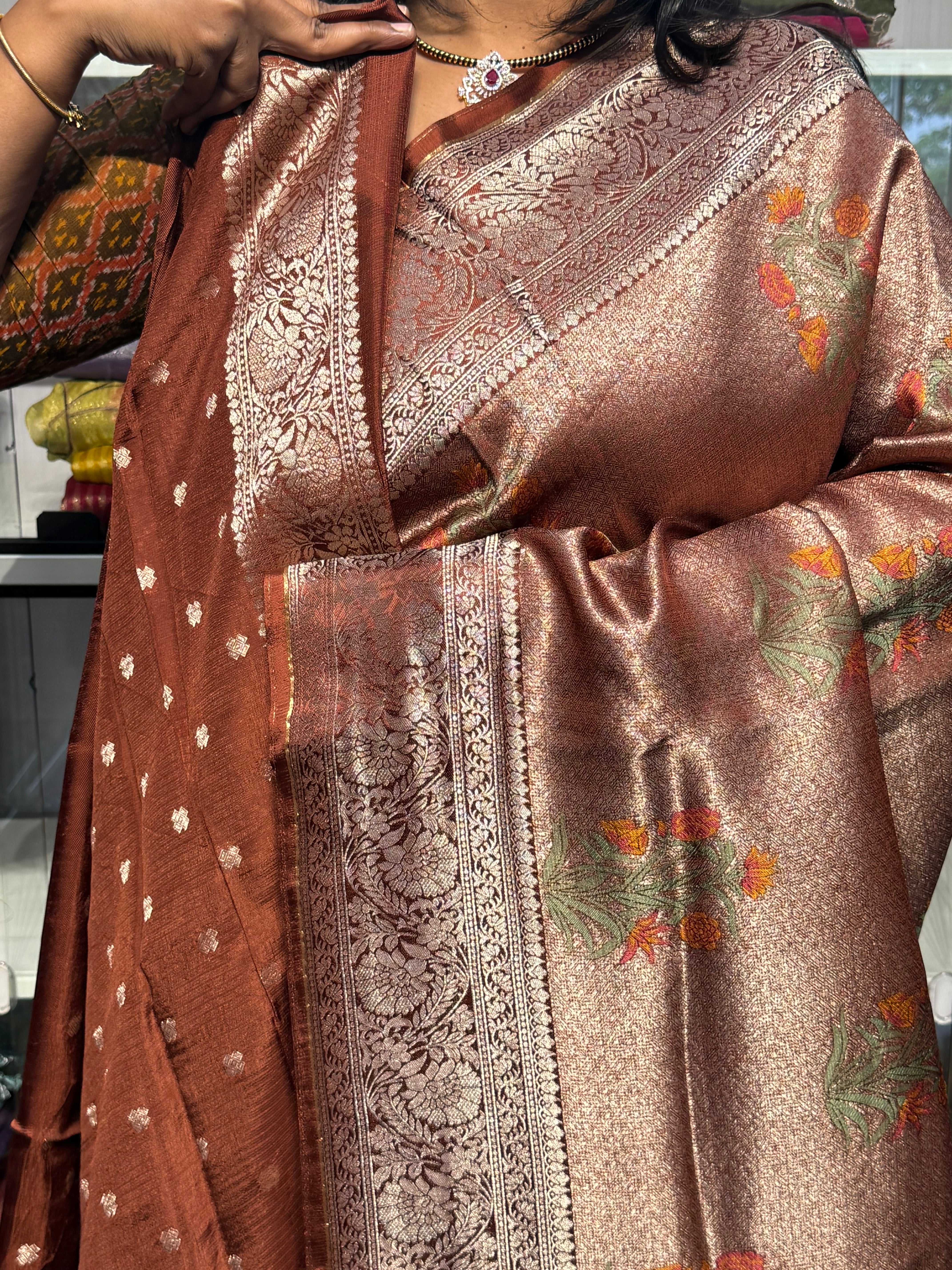 PURE KOTA TISSUE WITH MEENAKARI FLORAL BUNCHES: BROWN