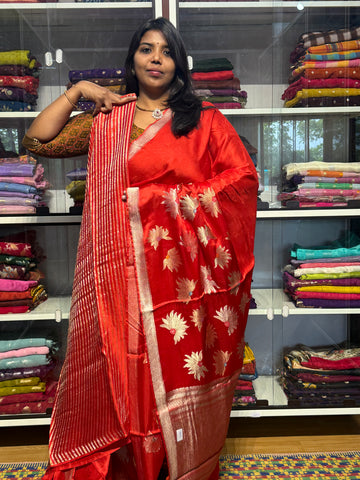 PURE MASHRU SATIN WITH FLORAL MEENAKARI BUNCHES : RED