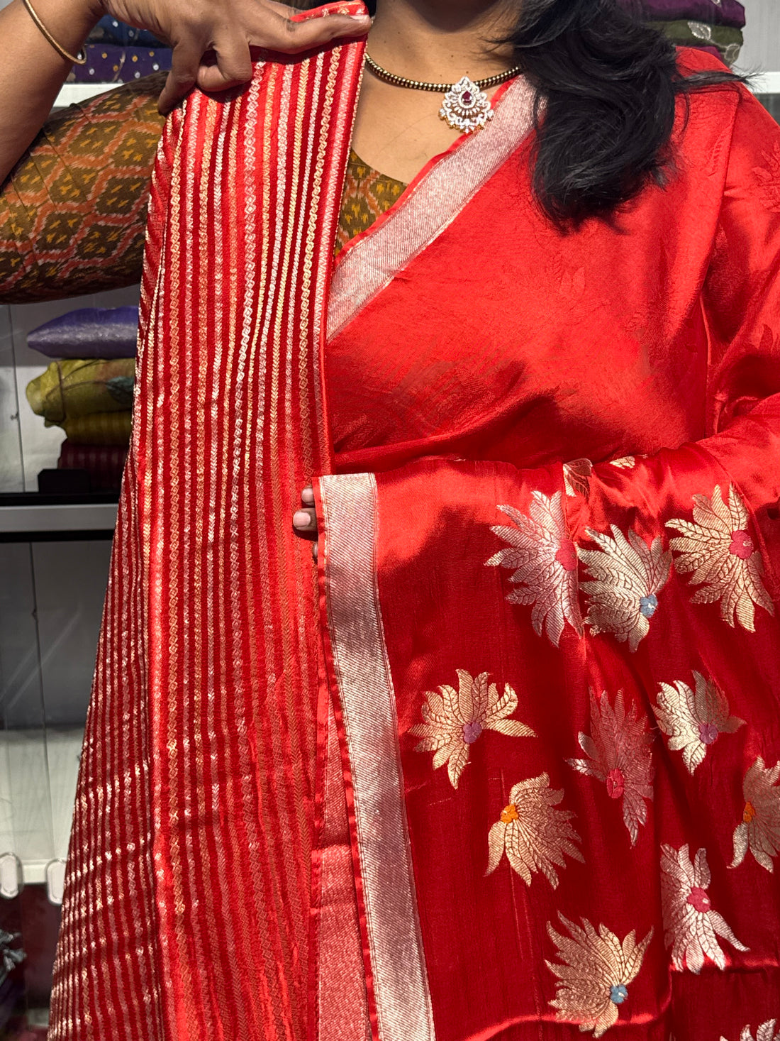 PURE MASHRU SATIN WITH FLORAL MEENAKARI BUNCHES : RED