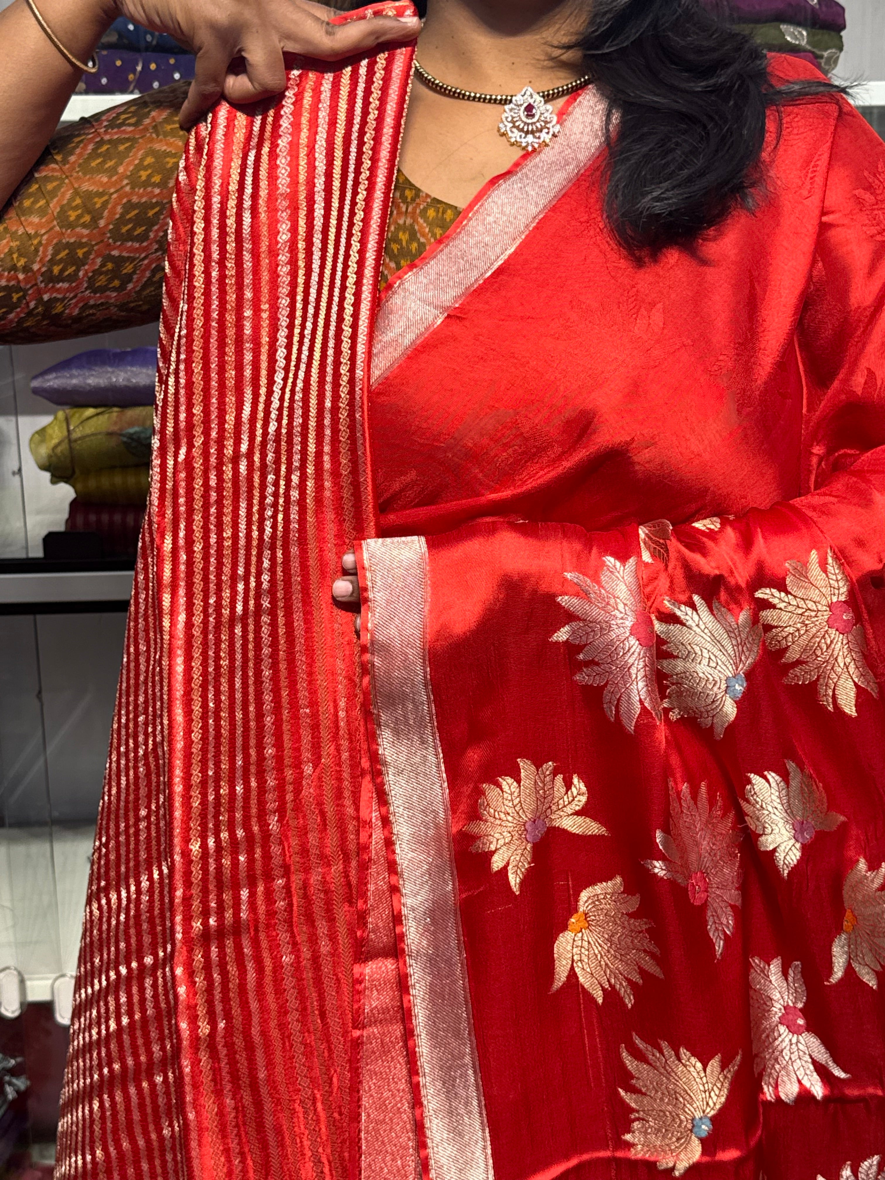 PURE MASHRU SATIN WITH FLORAL MEENAKARI BUNCHES : RED