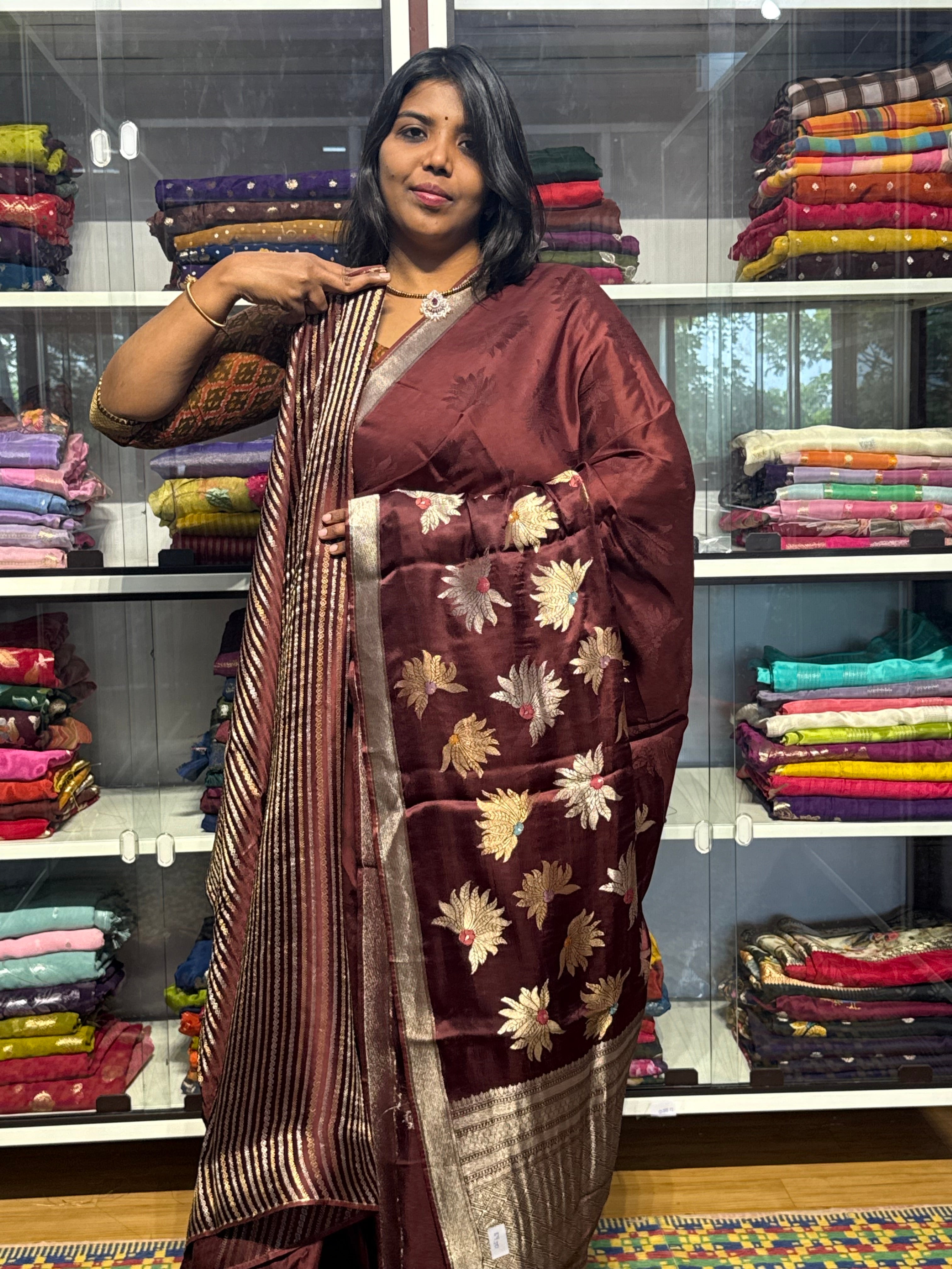 PURE MASHRU SATIN SILK WITH MEENAKARI FLORAL BUNCHES: SNUFF