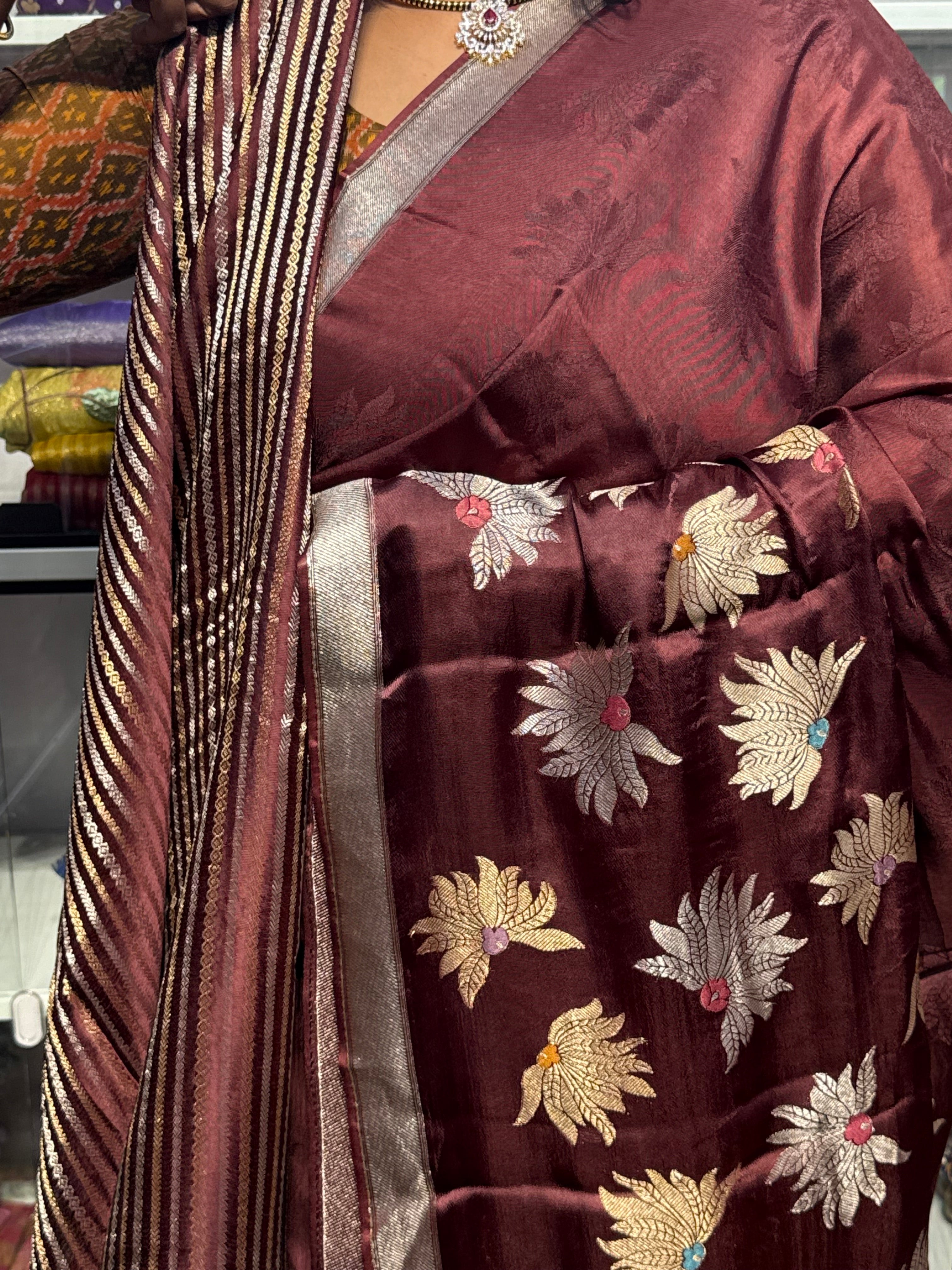 PURE MASHRU SATIN SILK WITH MEENAKARI FLORAL BUNCHES: SNUFF