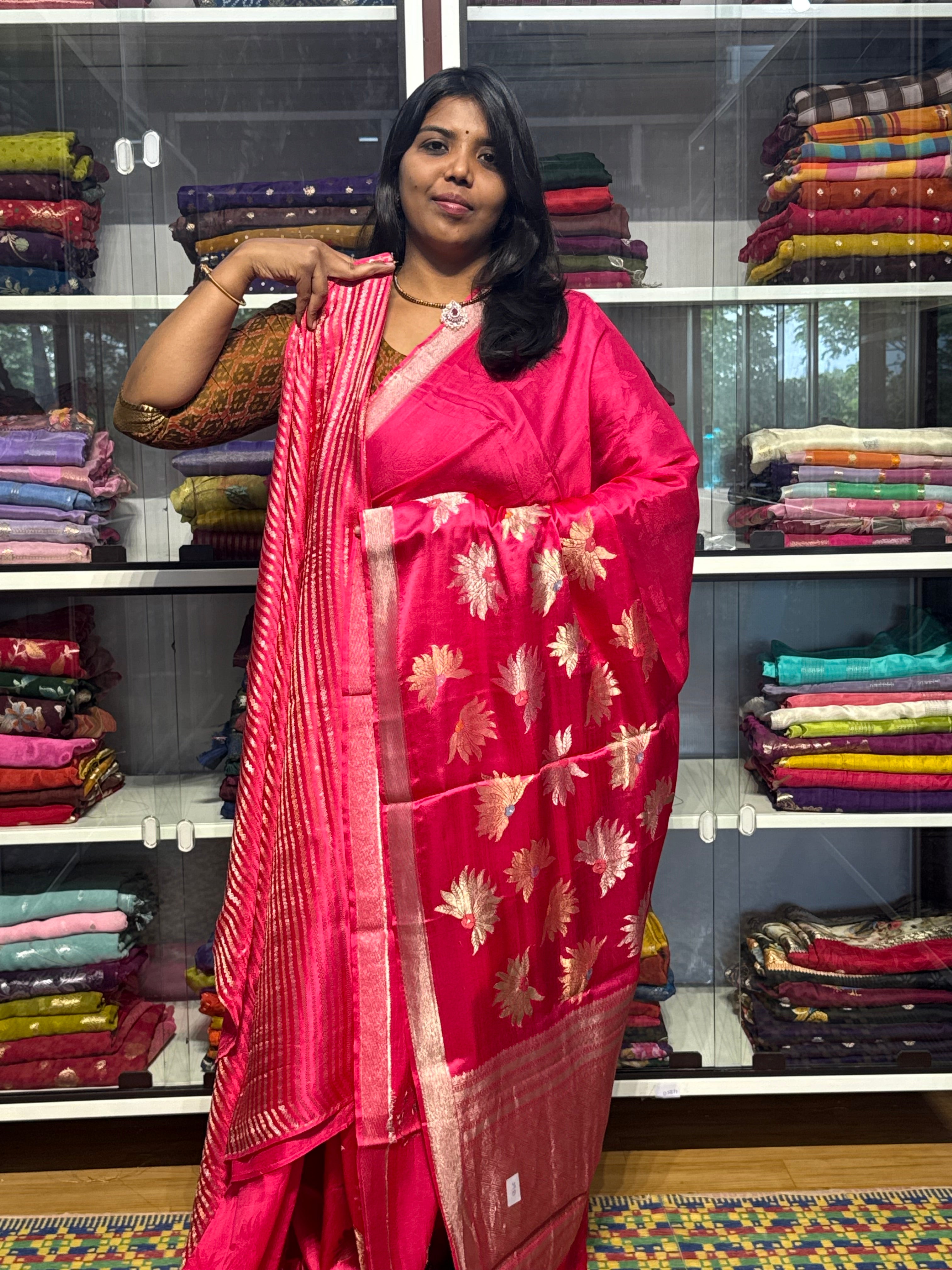 PURE MASHRU SATIN SILK WITH MEENAKARI FLORAL BUNCHES: PINK