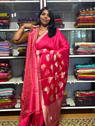 PURE MASHRU SATIN SILK WITH MEENAKARI FLORAL BUNCHES: PINK