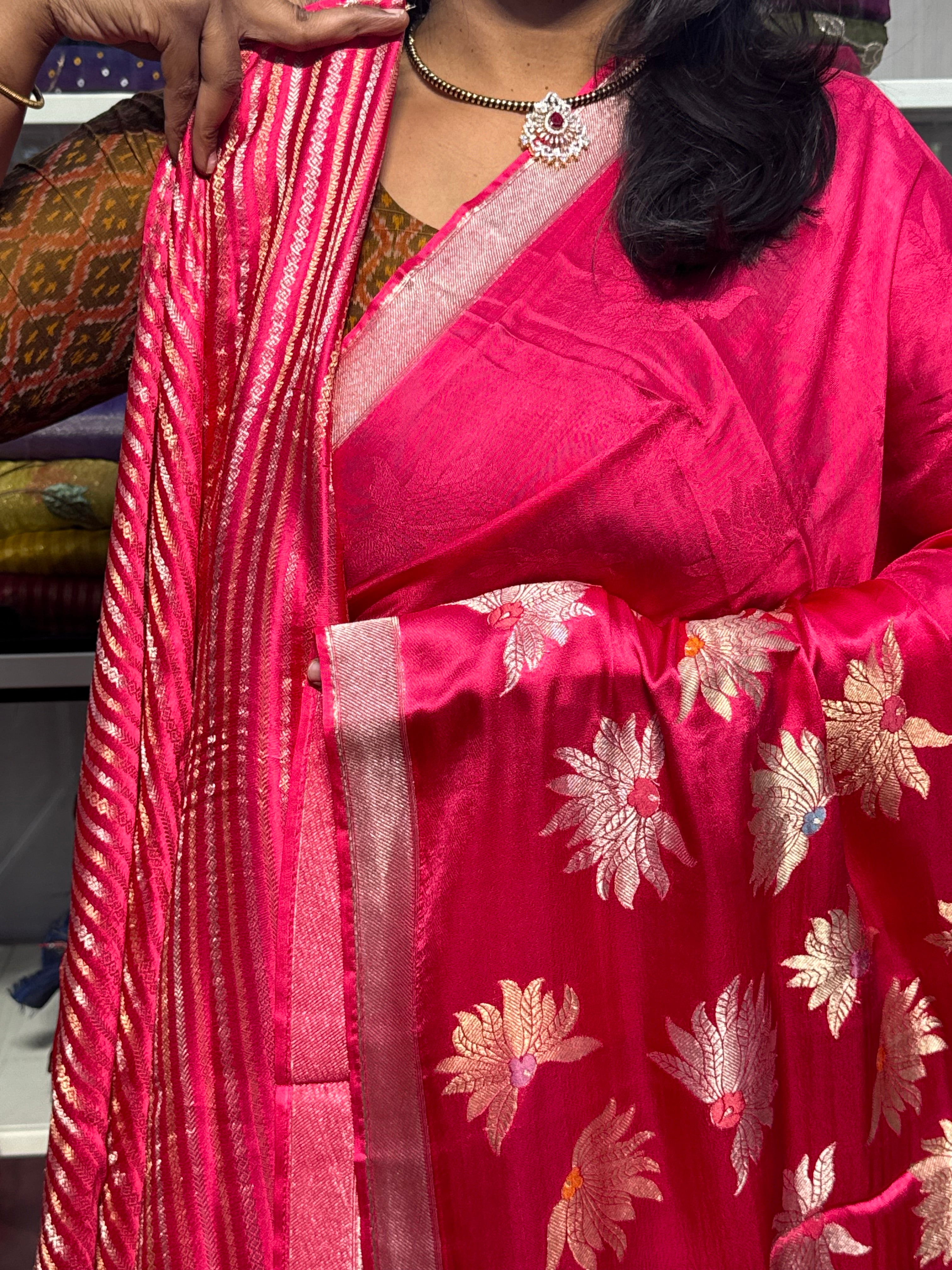 PURE MASHRU SATIN SILK WITH MEENAKARI FLORAL BUNCHES: PINK