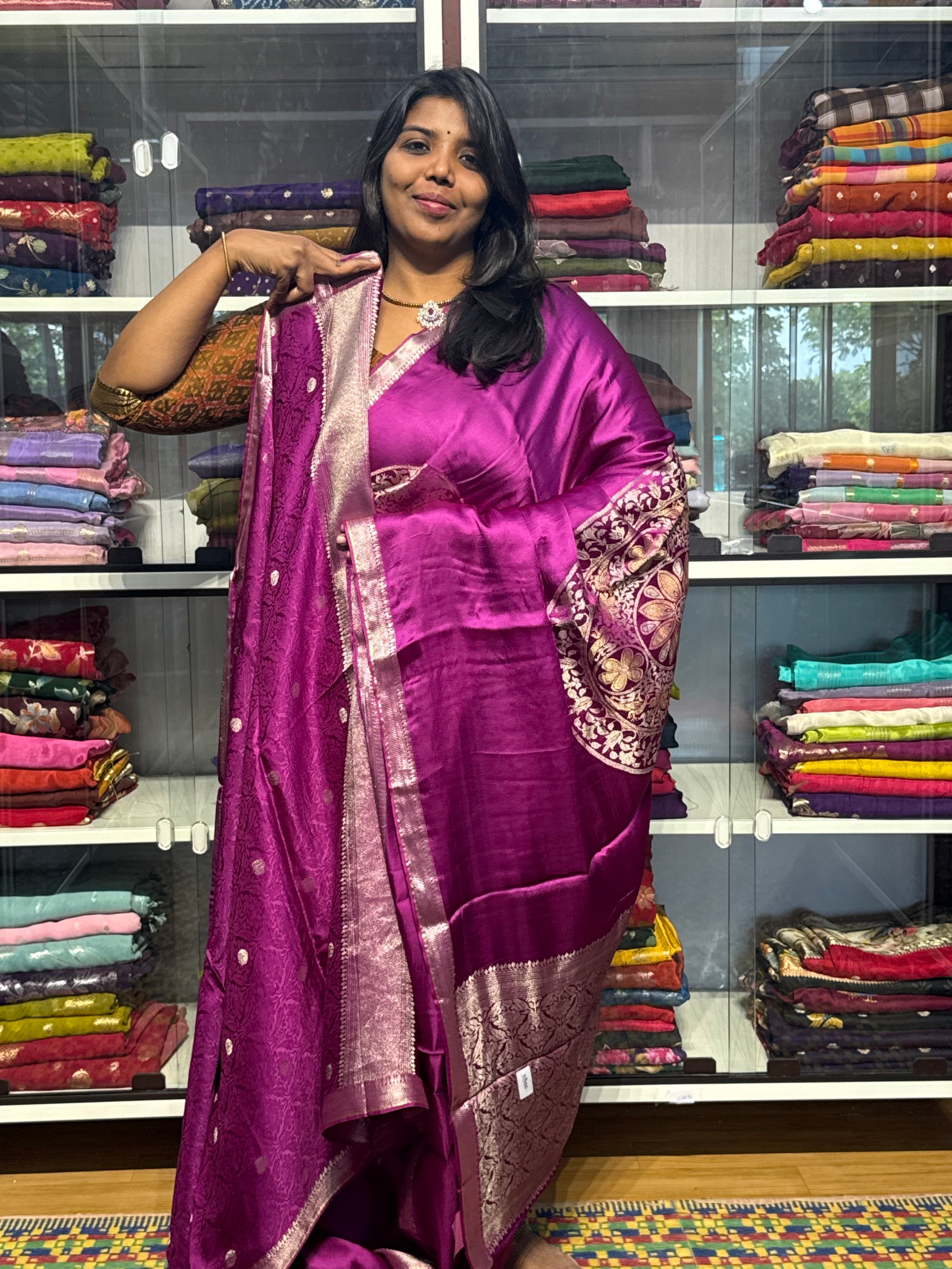 Pure mashru satin silk saree with big floral circles: PURPLE COLOR