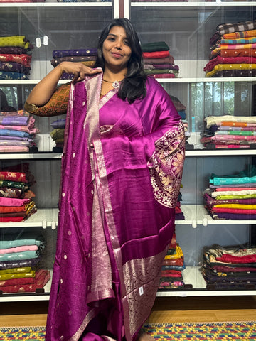 Pure mashru satin silk saree with big floral circles: PURPLE COLOR