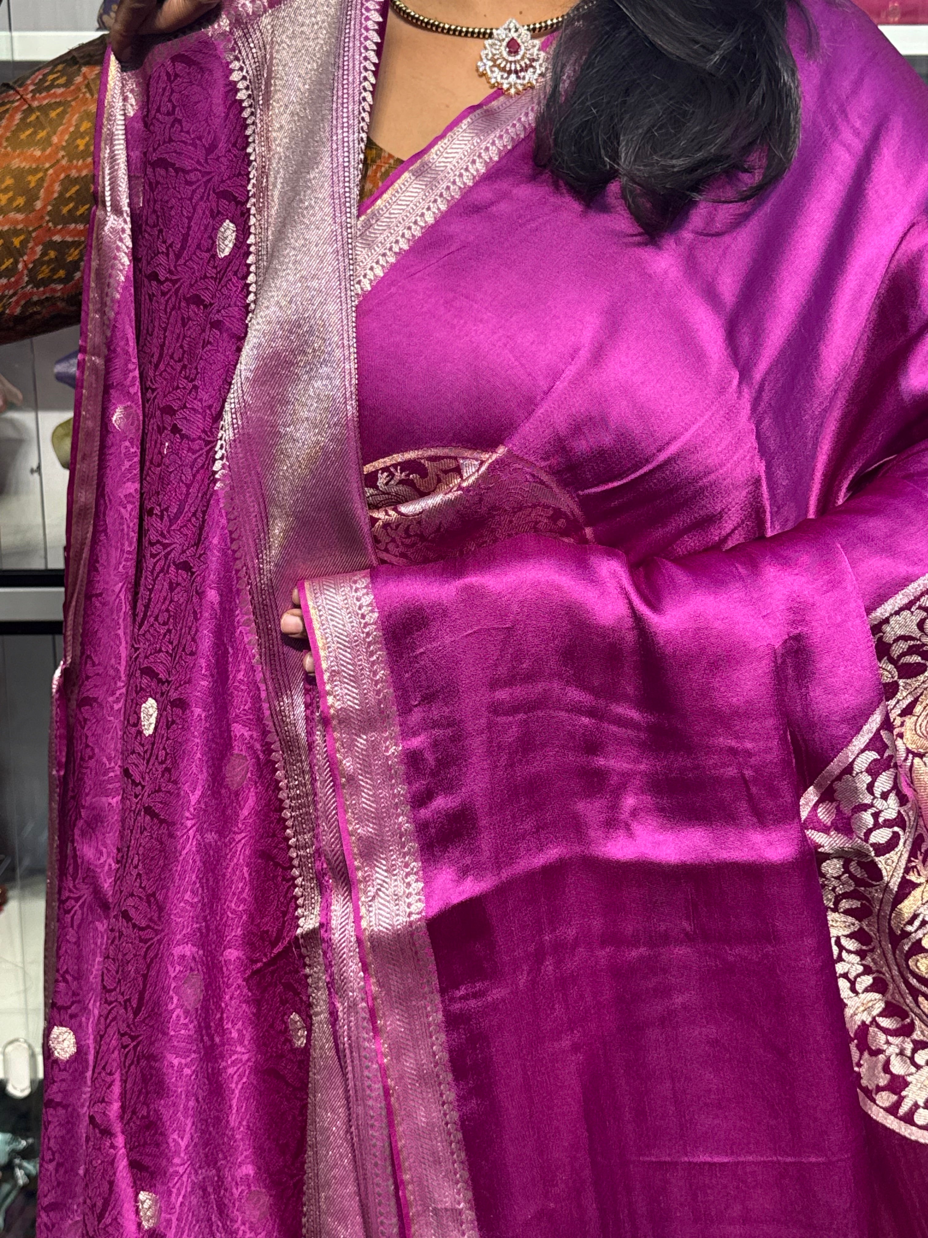 Pure mashru satin silk saree with big floral circles: PURPLE COLOR