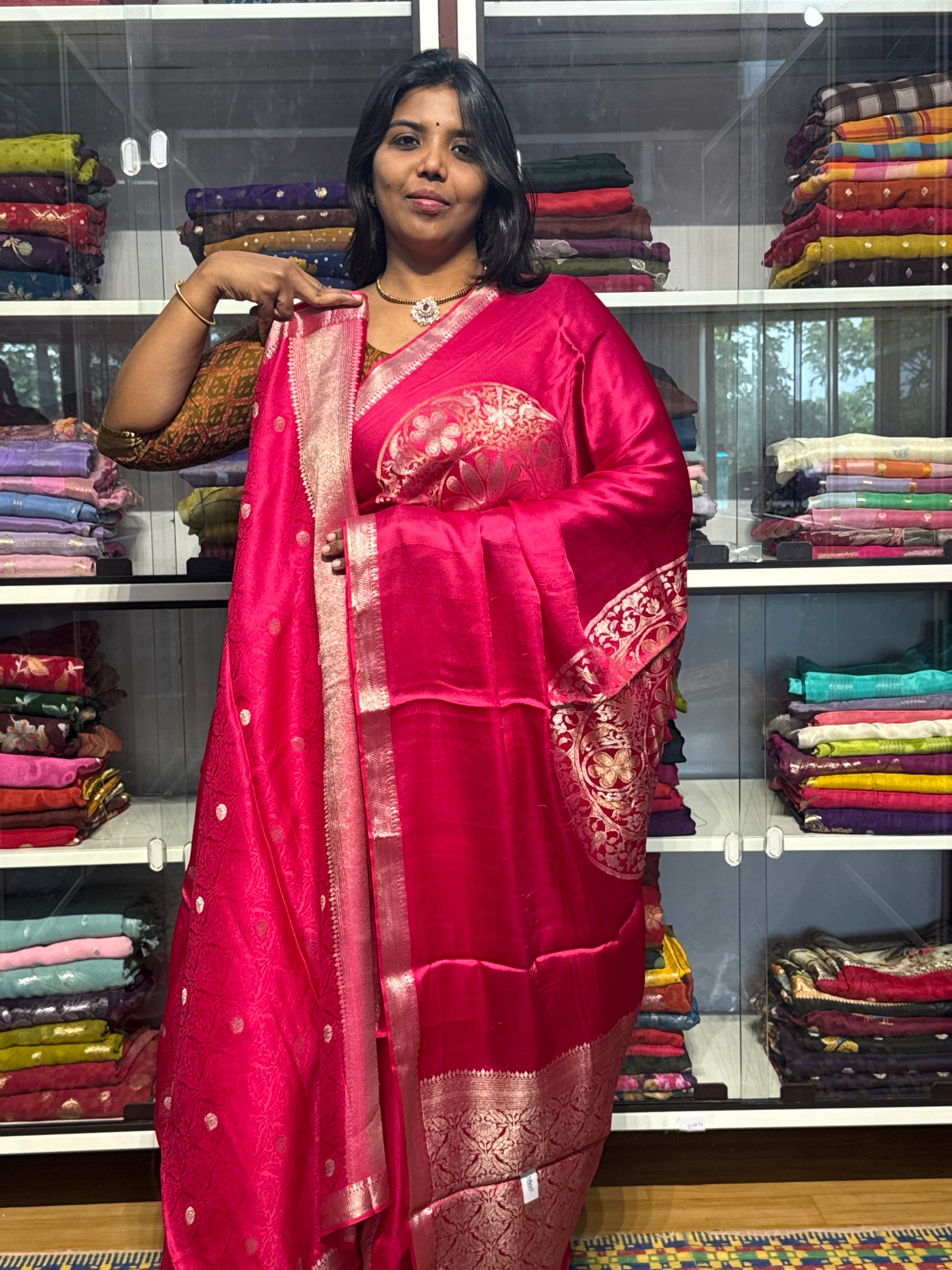 Pure Mashru satin with big floral circles : PINK COLOR