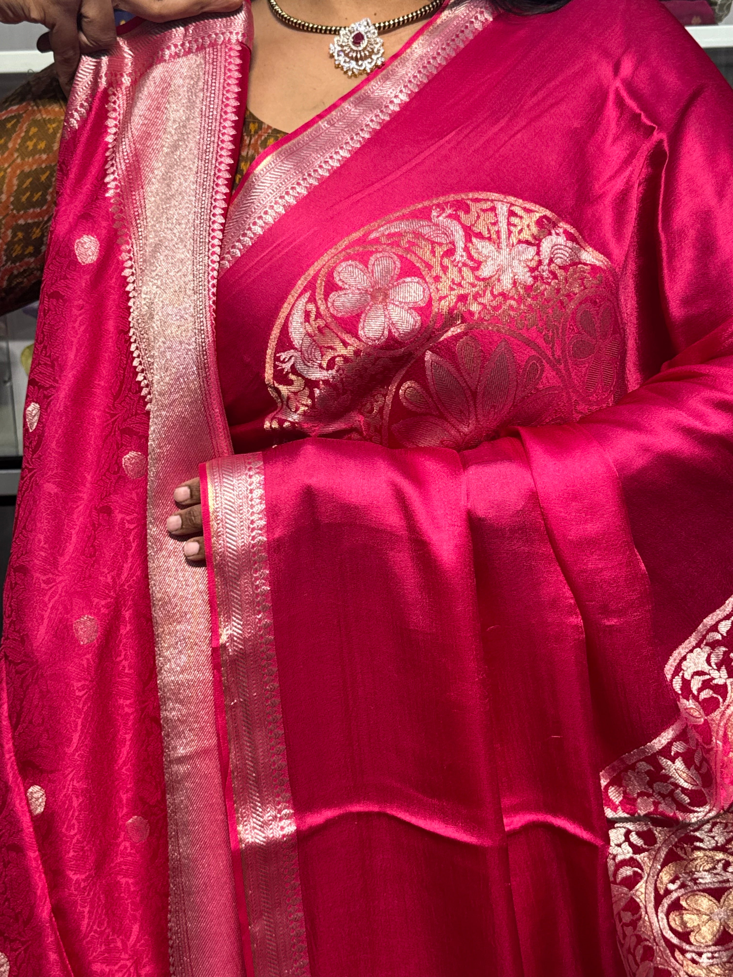 Pure Mashru satin with big floral circles : PINK COLOR