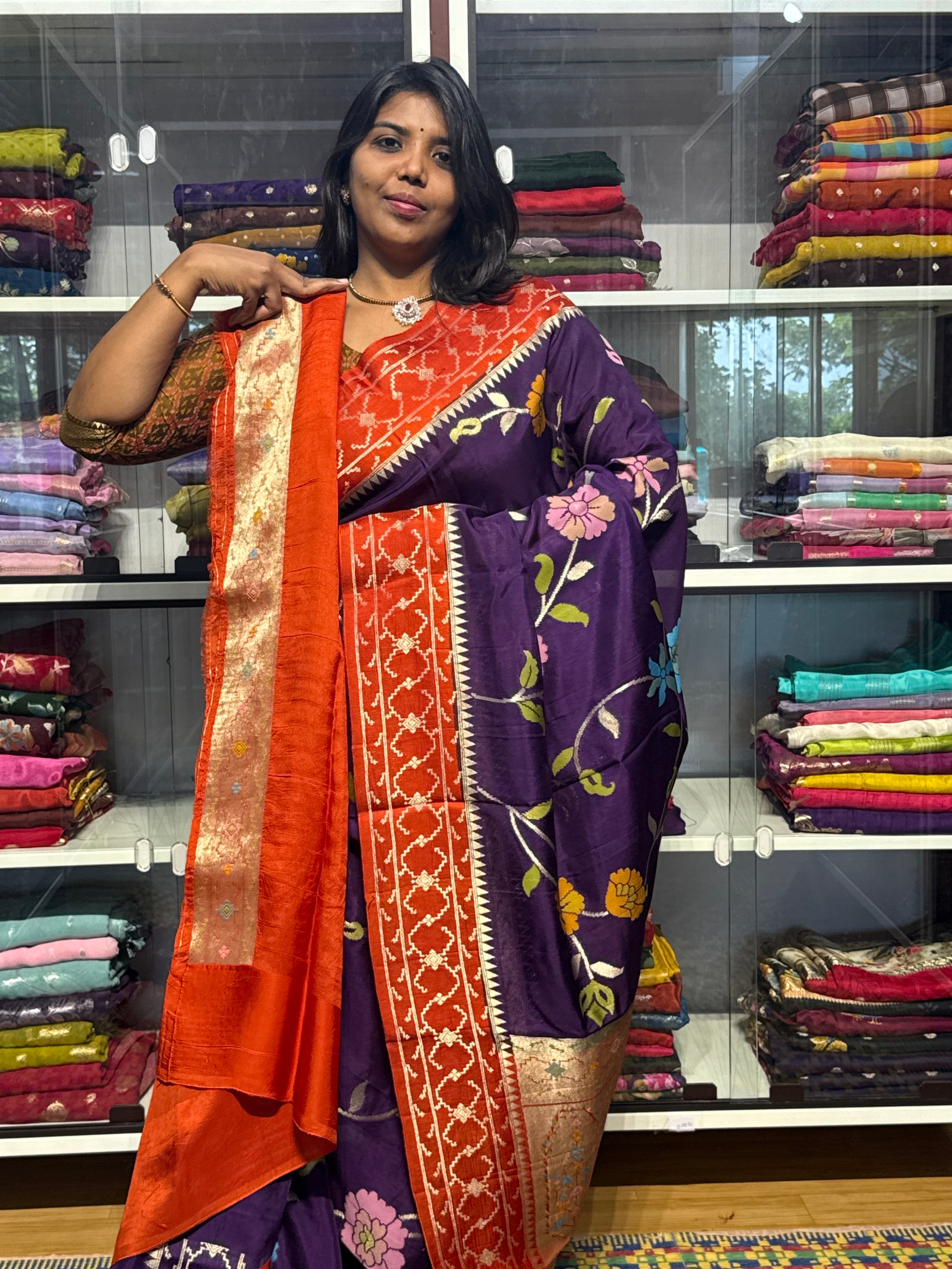 PURE DESI TUSSUR SAREE WITH JAMDANI FLORAL WEAVING ALLOVER: VOILET