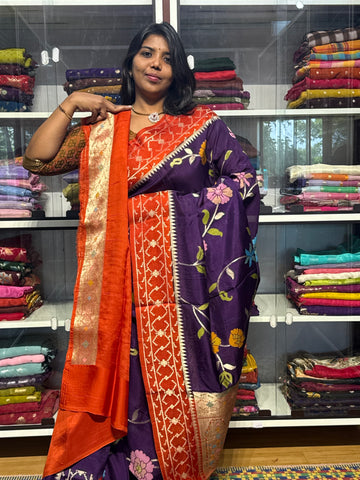 PURE DESI TUSSUR SAREE WITH JAMDANI FLORAL WEAVING ALLOVER: VOILET