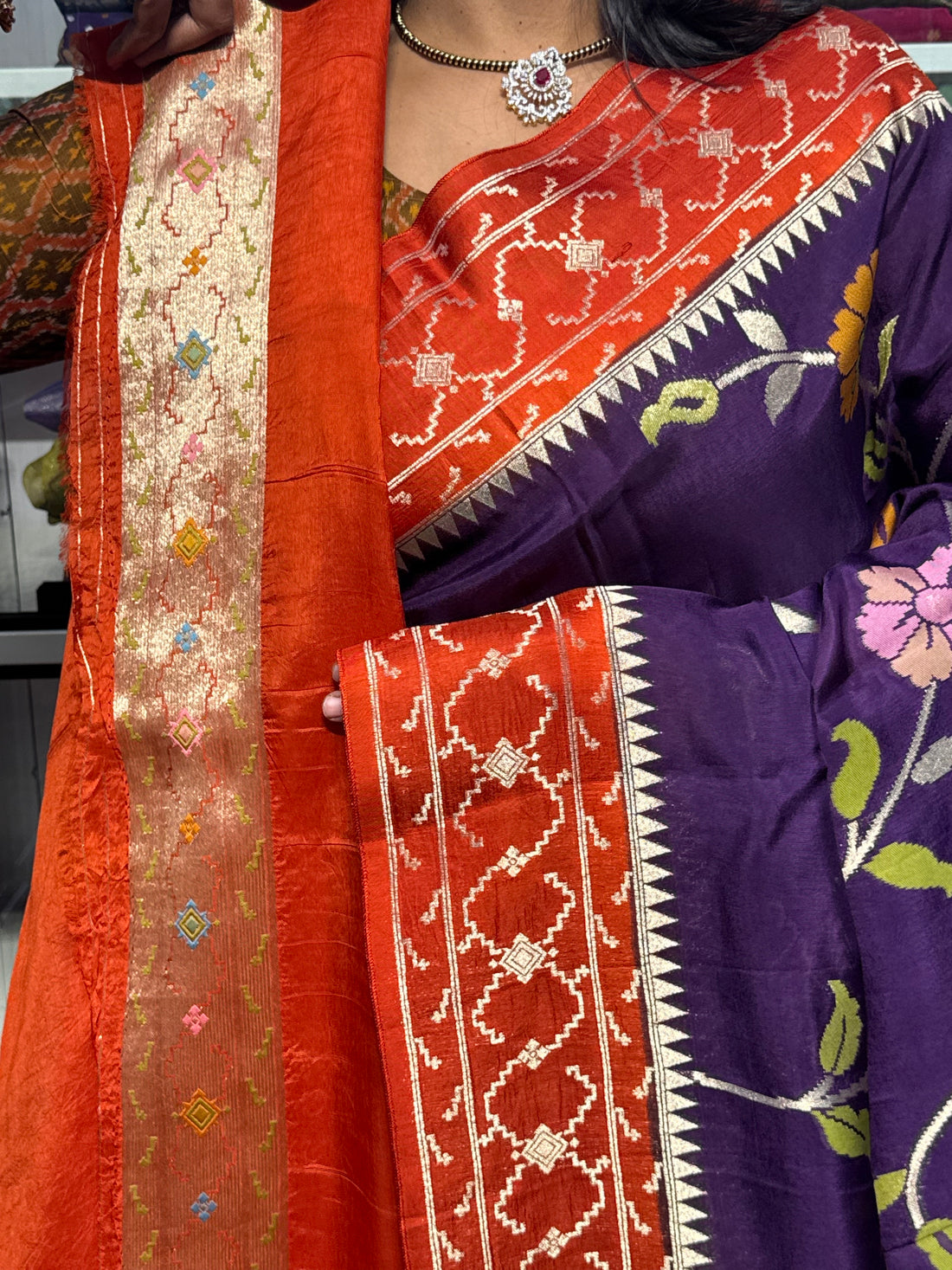 PURE DESI TUSSUR SAREE WITH JAMDANI FLORAL WEAVING ALLOVER: VOILET