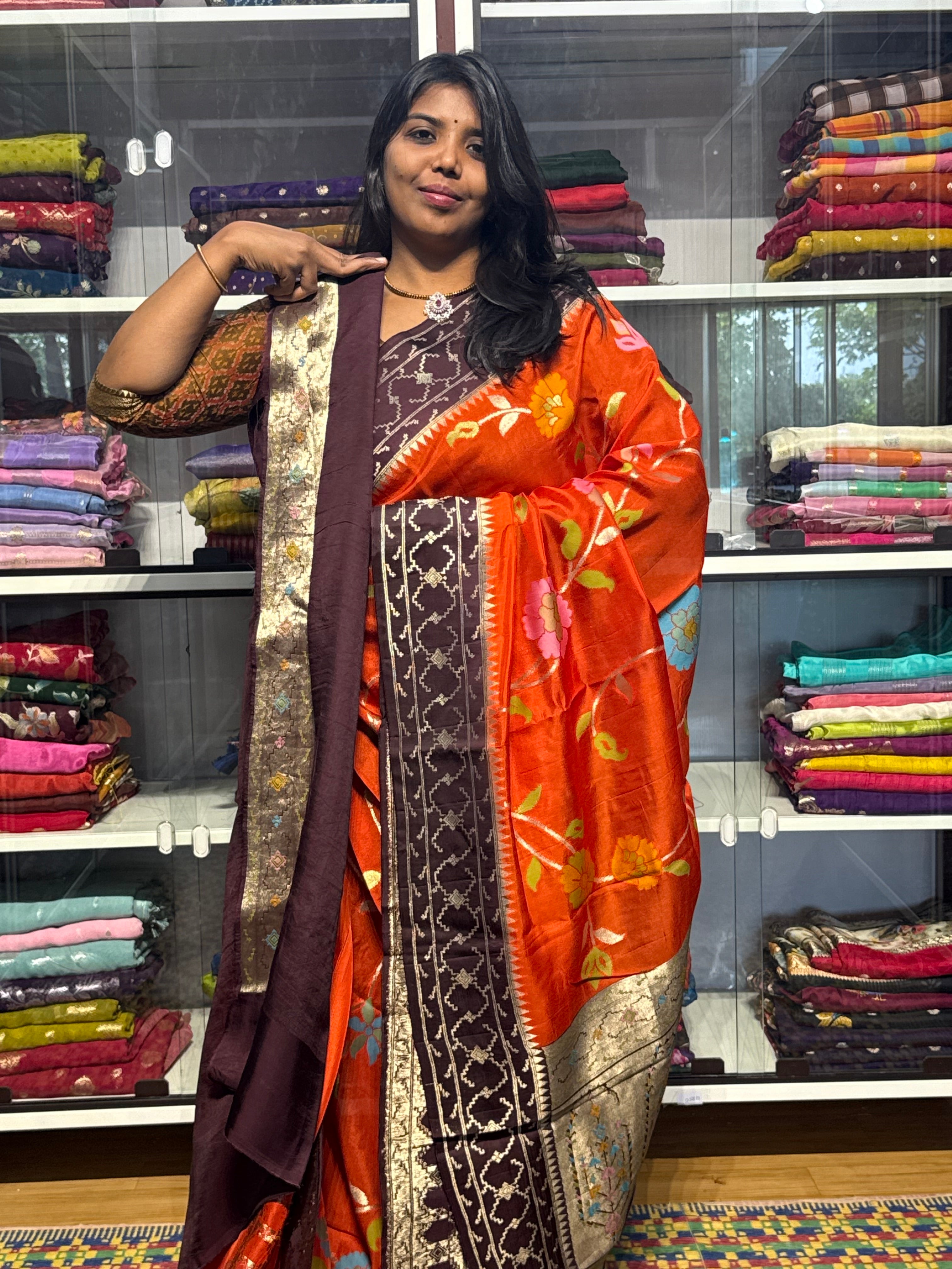 PURE DESI TUSSUR WITH JAMDANI FLORAL WEAVING ALLOVER: RUST ORANGE