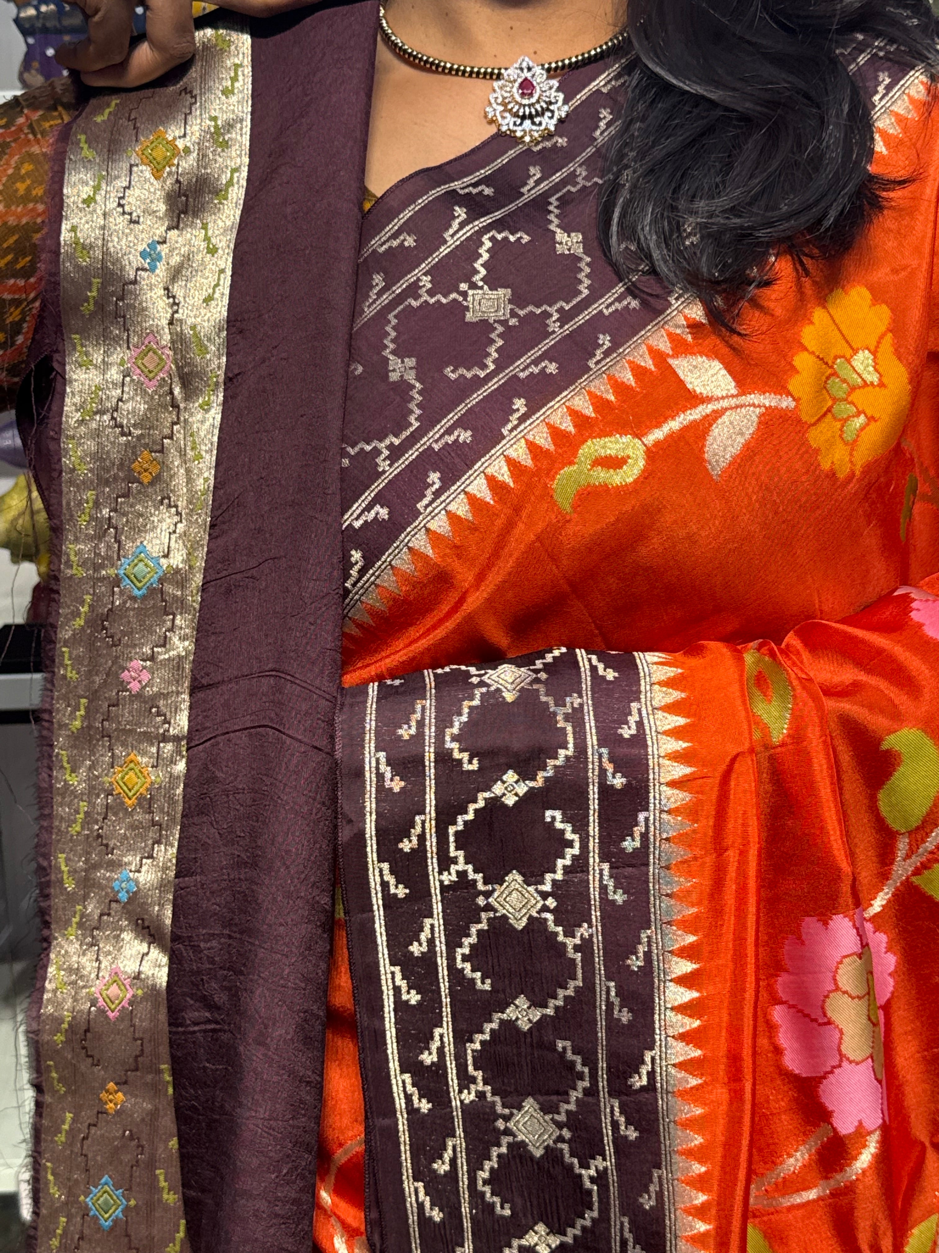 PURE DESI TUSSUR WITH JAMDANI FLORAL WEAVING ALLOVER: RUST ORANGE