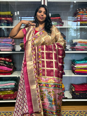 PENKALAMKARI DIGITAL PRINT ON CHECKS MUNGA CREPE SILK: BEIGE WITH MAROON