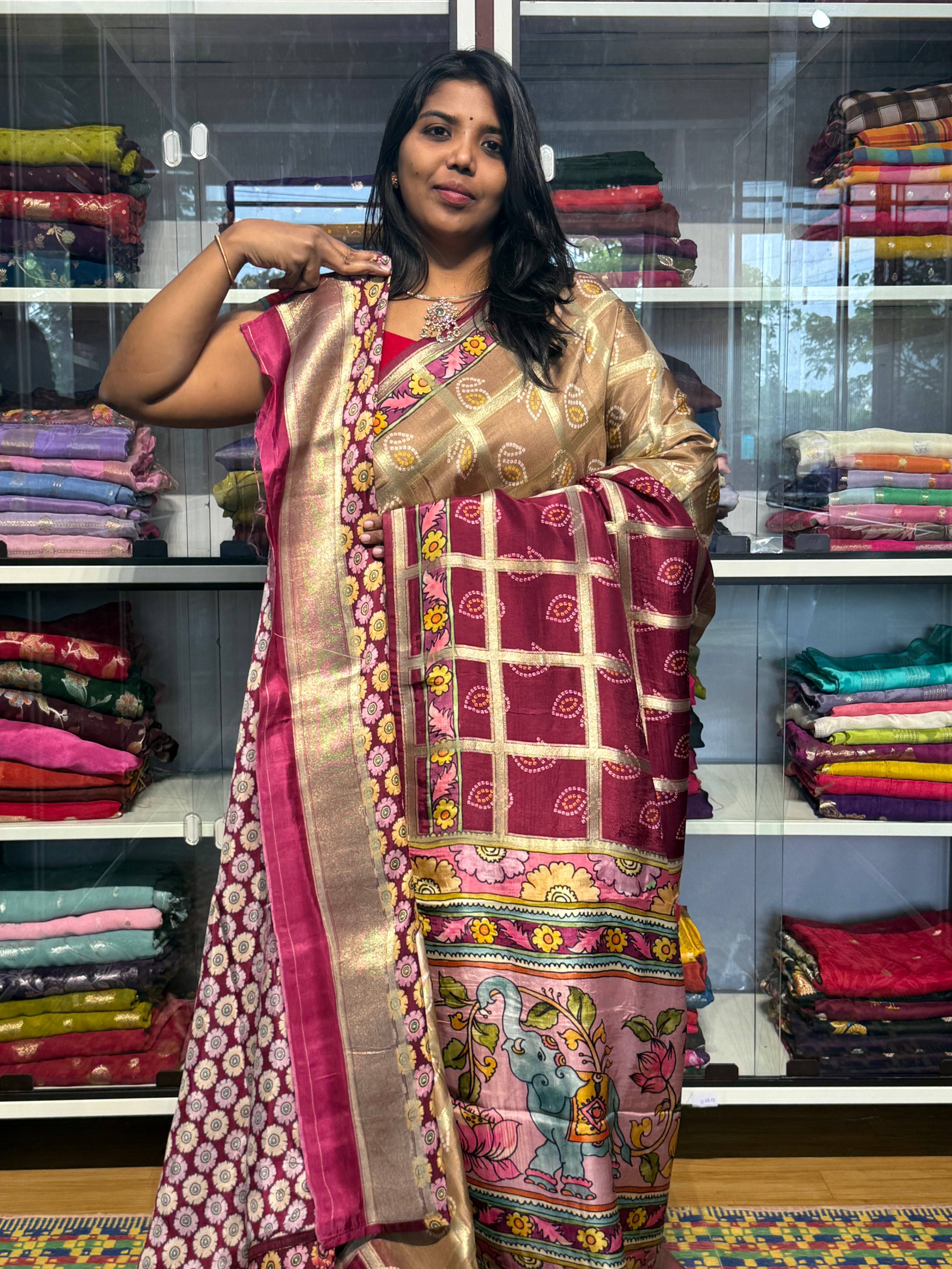 PENKALAMKARI DIGITAL PRINT ON CHECKS MUNGA CREPE SILK: BEIGE WITH MAROON