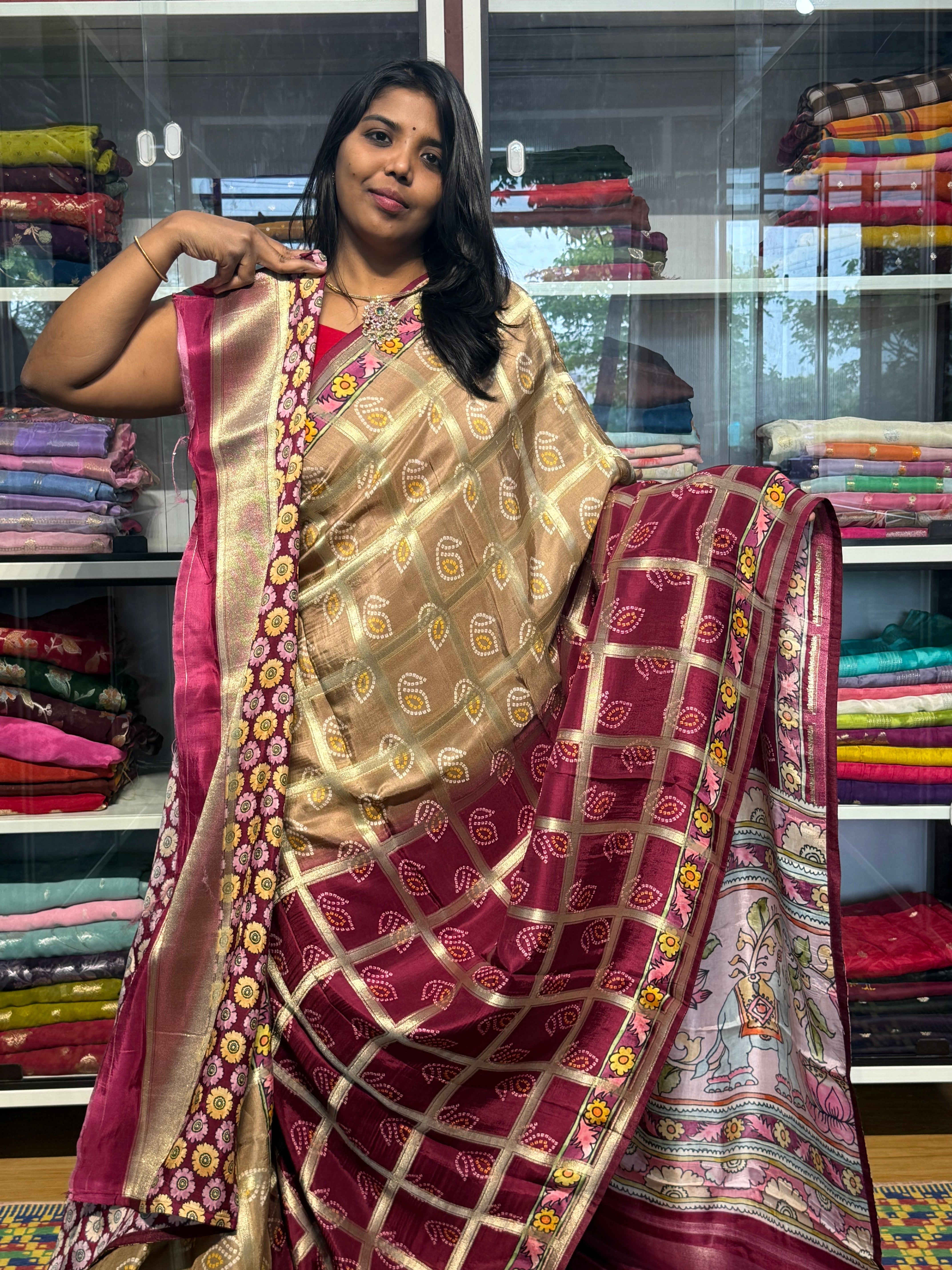 PENKALAMKARI DIGITAL PRINT ON CHECKS MUNGA CREPE SILK: BEIGE WITH MAROON