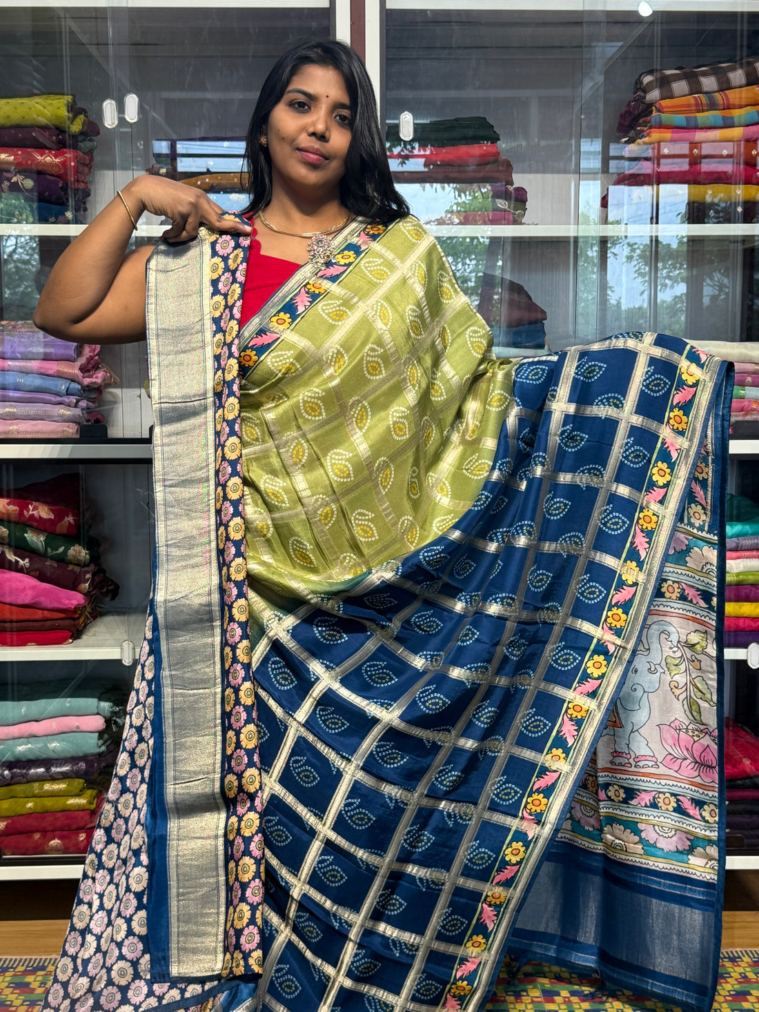 PENKALAMKARI DIGITAL PRINT ON CHECKS MUNGA CREPE SAREE: PARROT GREEN WITH BLUE