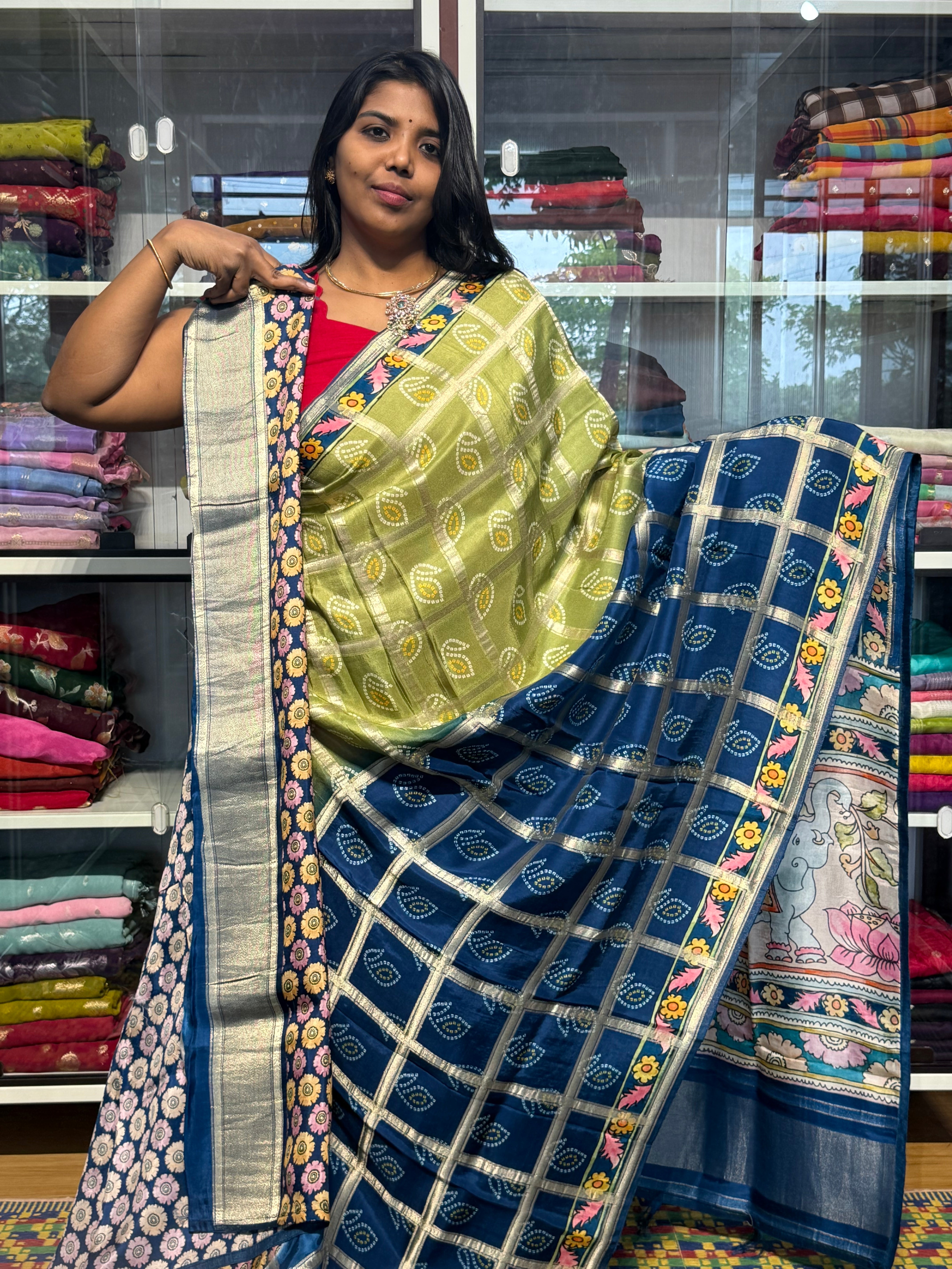 PENKALAMKARI DIGITAL PRINT ON CHECKS MUNGA CREPE SAREE: PARROT GREEN WITH BLUE