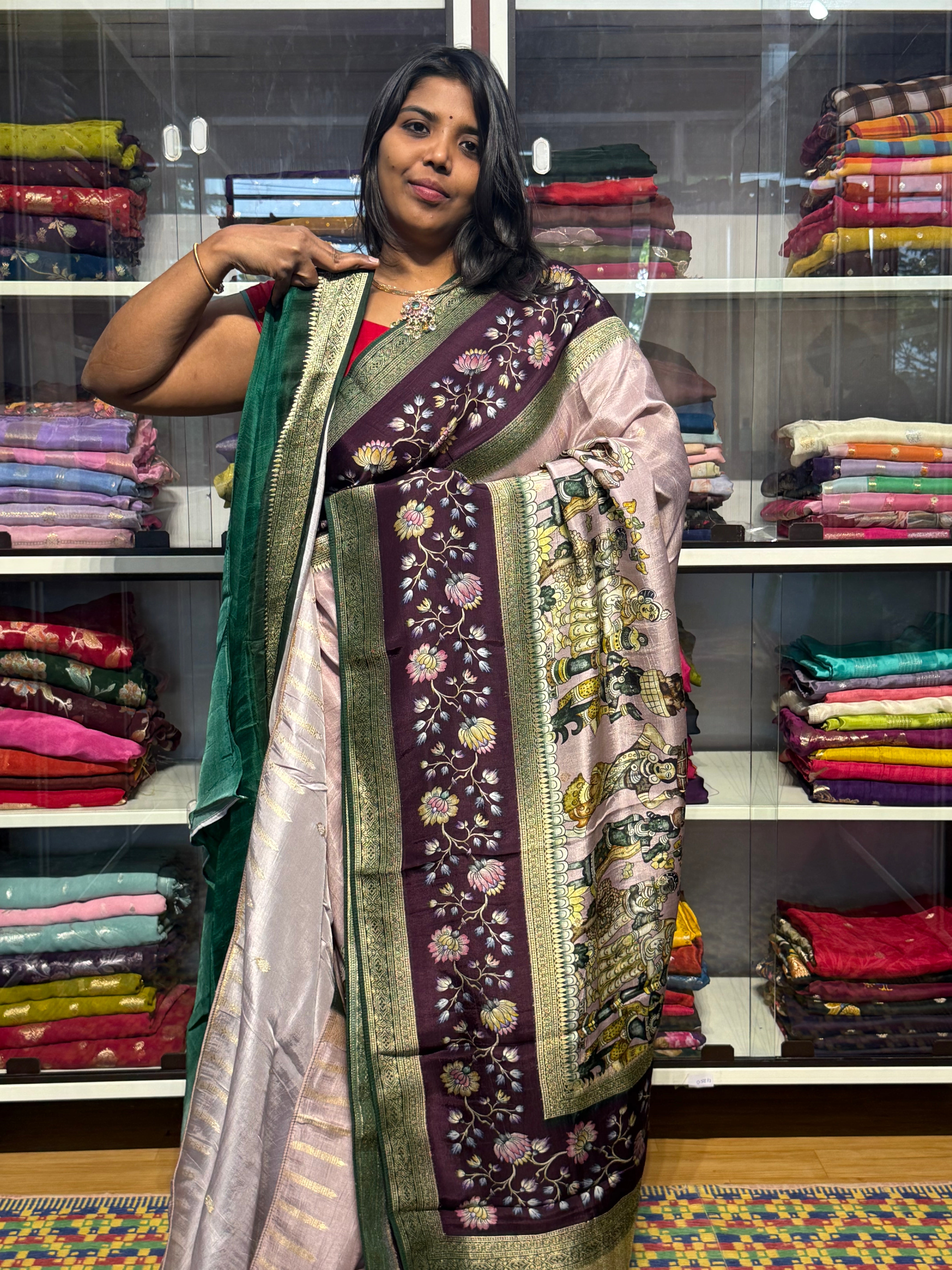 PURE MUNGA CEREPE SAREE WITH PENKALAMKARI DIGITAL PRINT AND TISSUE PALLU: BEIGE