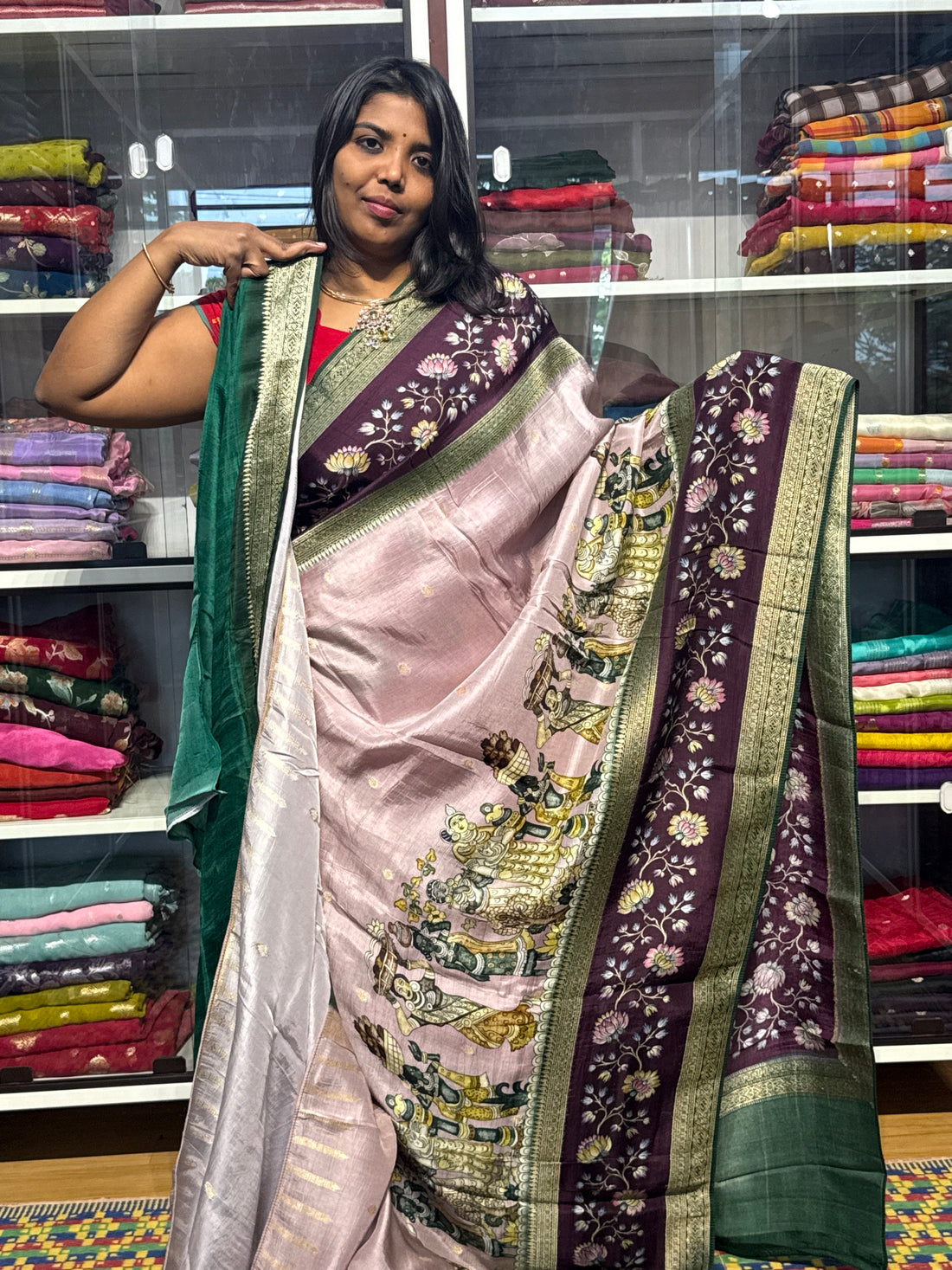 PURE MUNGA CEREPE SAREE WITH PENKALAMKARI DIGITAL PRINT AND TISSUE PALLU: BEIGE