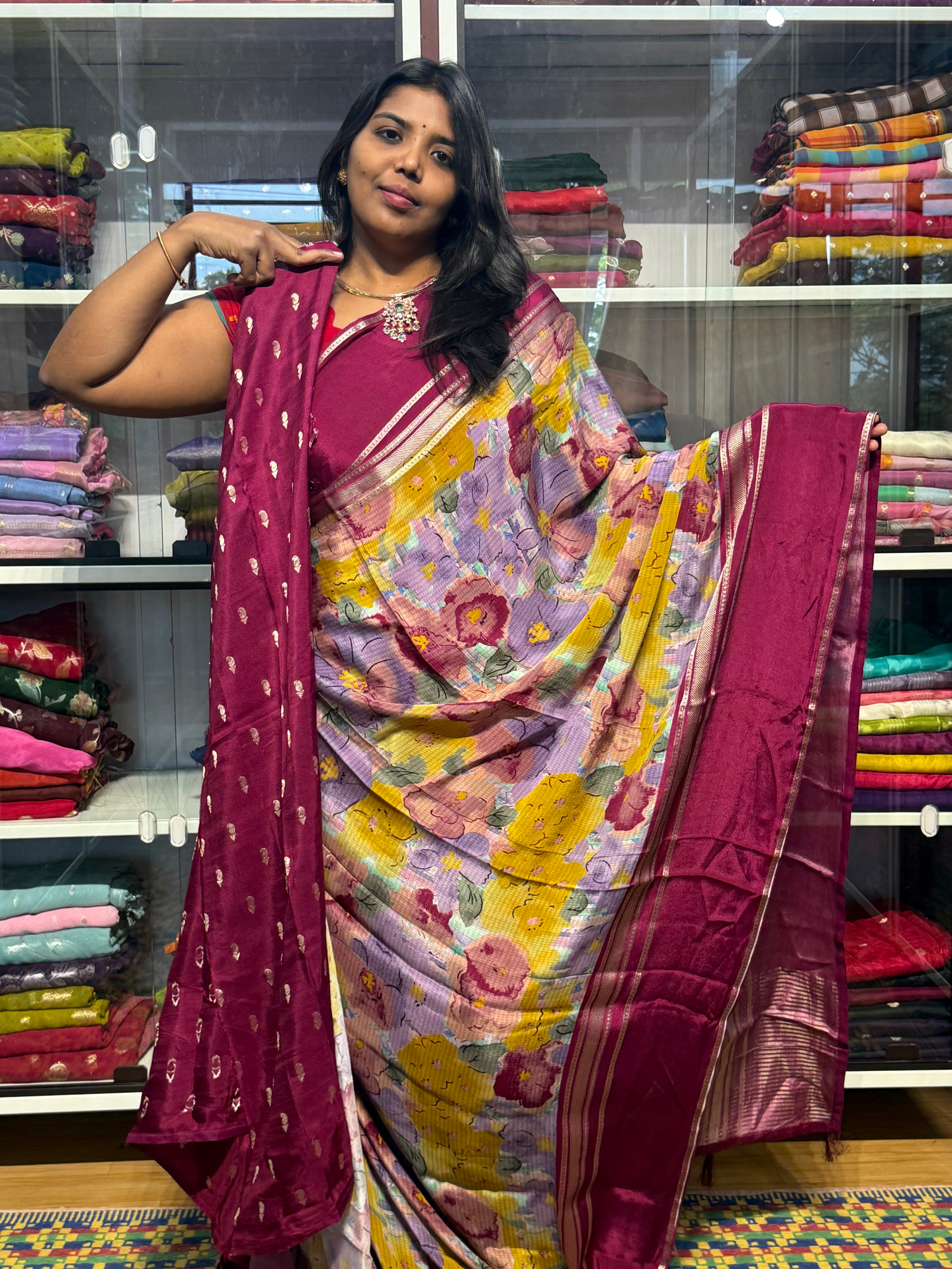 PURE BUTTER CREPE MYSORE SILK SAREE WITH DIGITAL PRINT: MAGENTA
