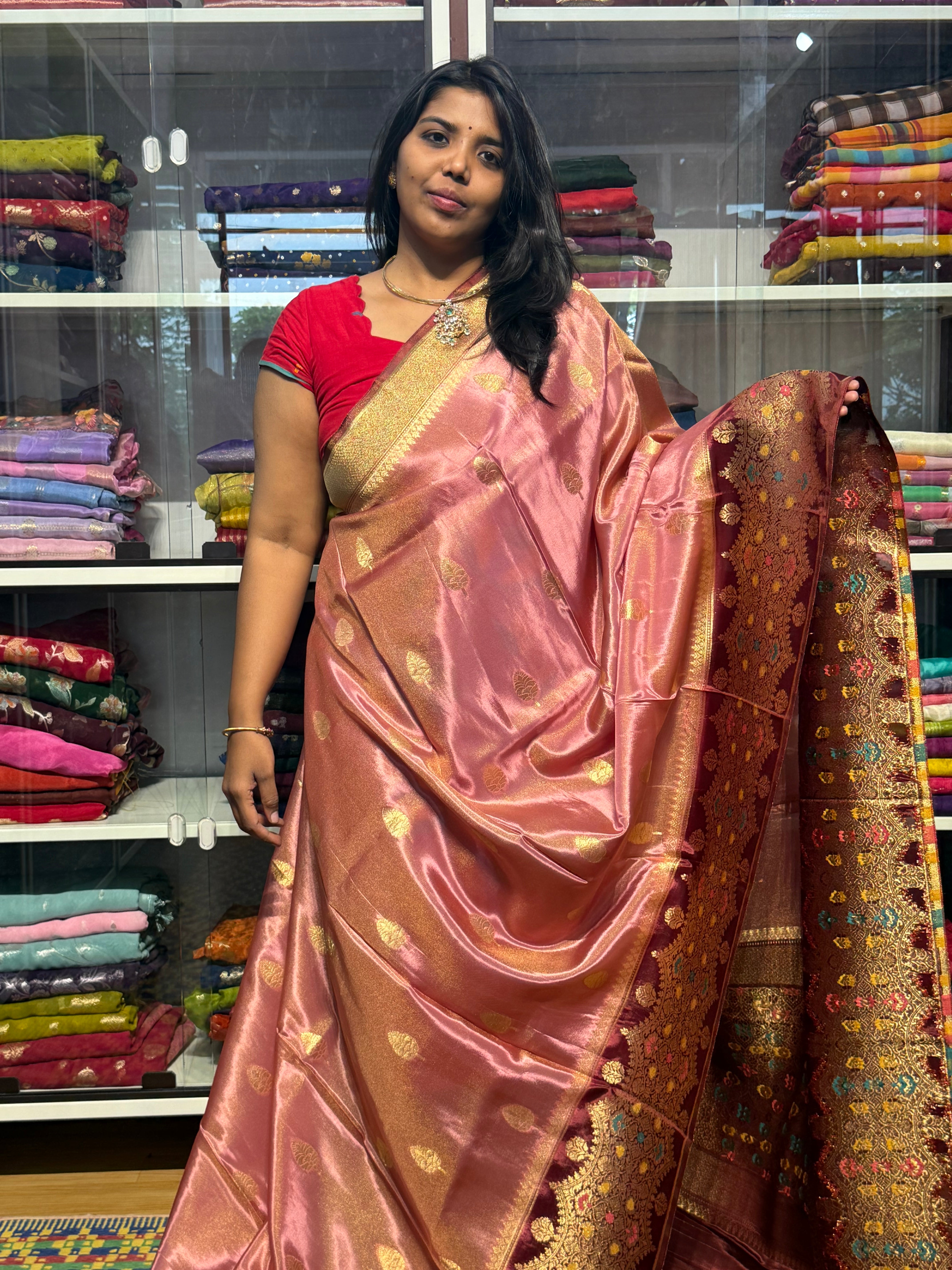 PURE BANARAS TISSUE SILK WITH MEENAKARI BORDER: PEACH WITH BROWN