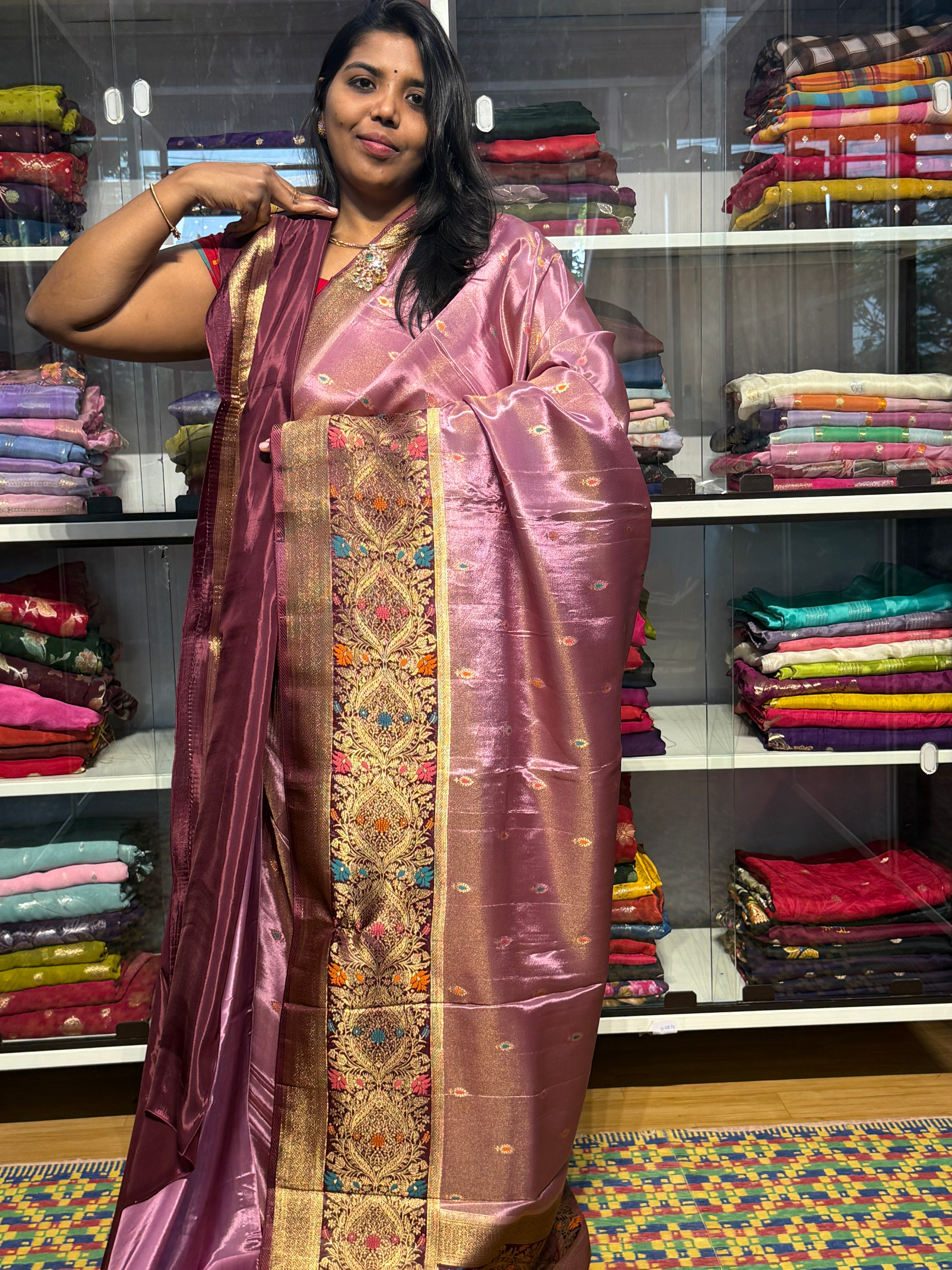 PURE BANARAS TISSUE SILK WITH MEENAKARI BORDER: ONION PINK