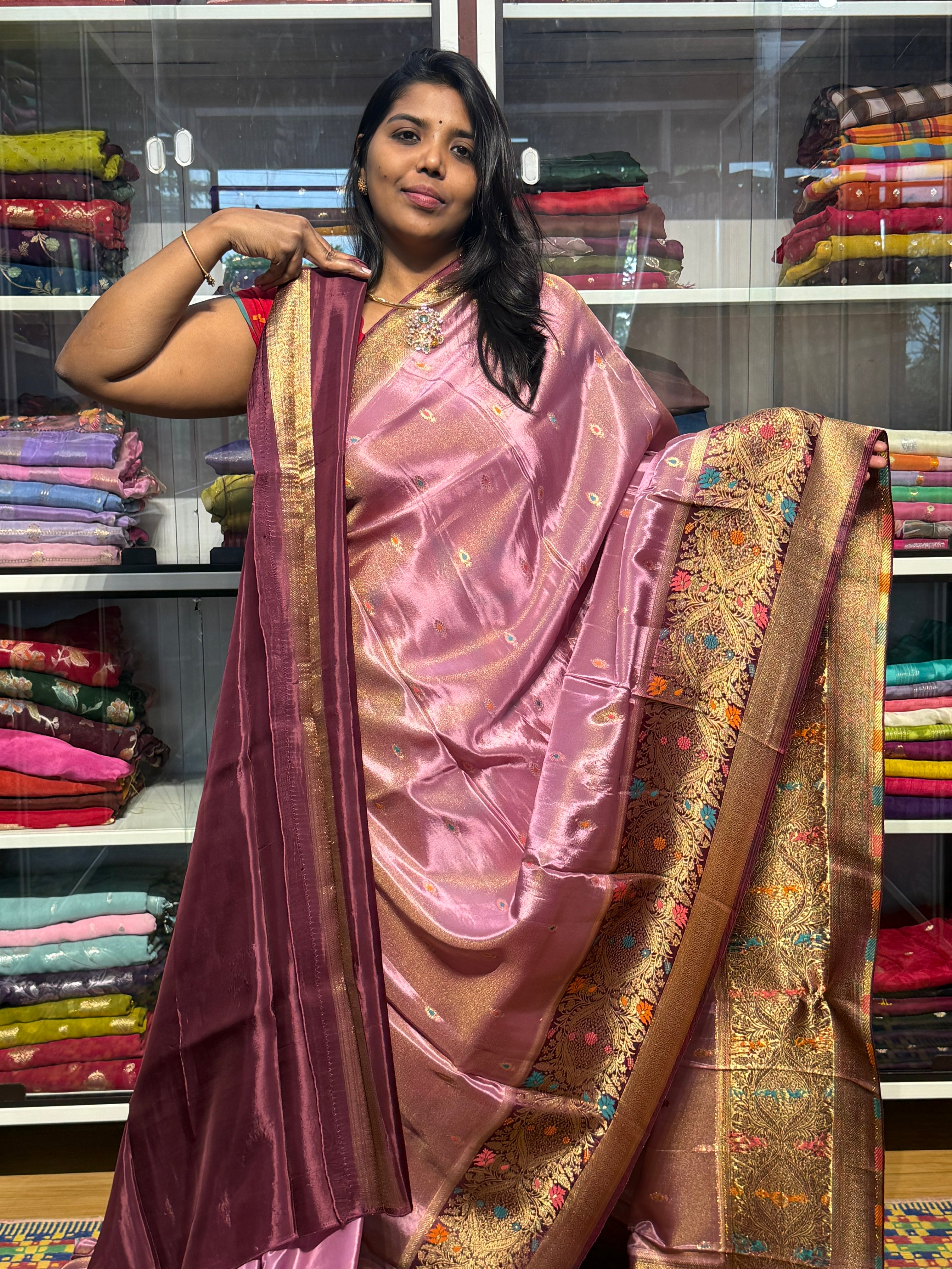 PURE BANARAS TISSUE SILK WITH MEENAKARI BORDER: ONION PINK