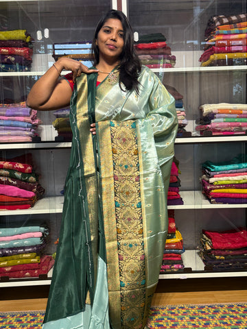 PURE BANARAS TISSUE SILK WITH MEENAKRI BORDER: PISTA GREEN