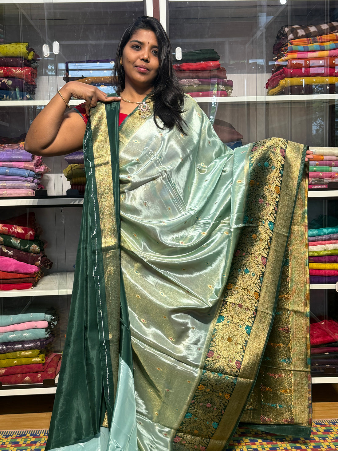 PURE BANARAS TISSUE SILK WITH MEENAKRI BORDER: PISTA GREEN