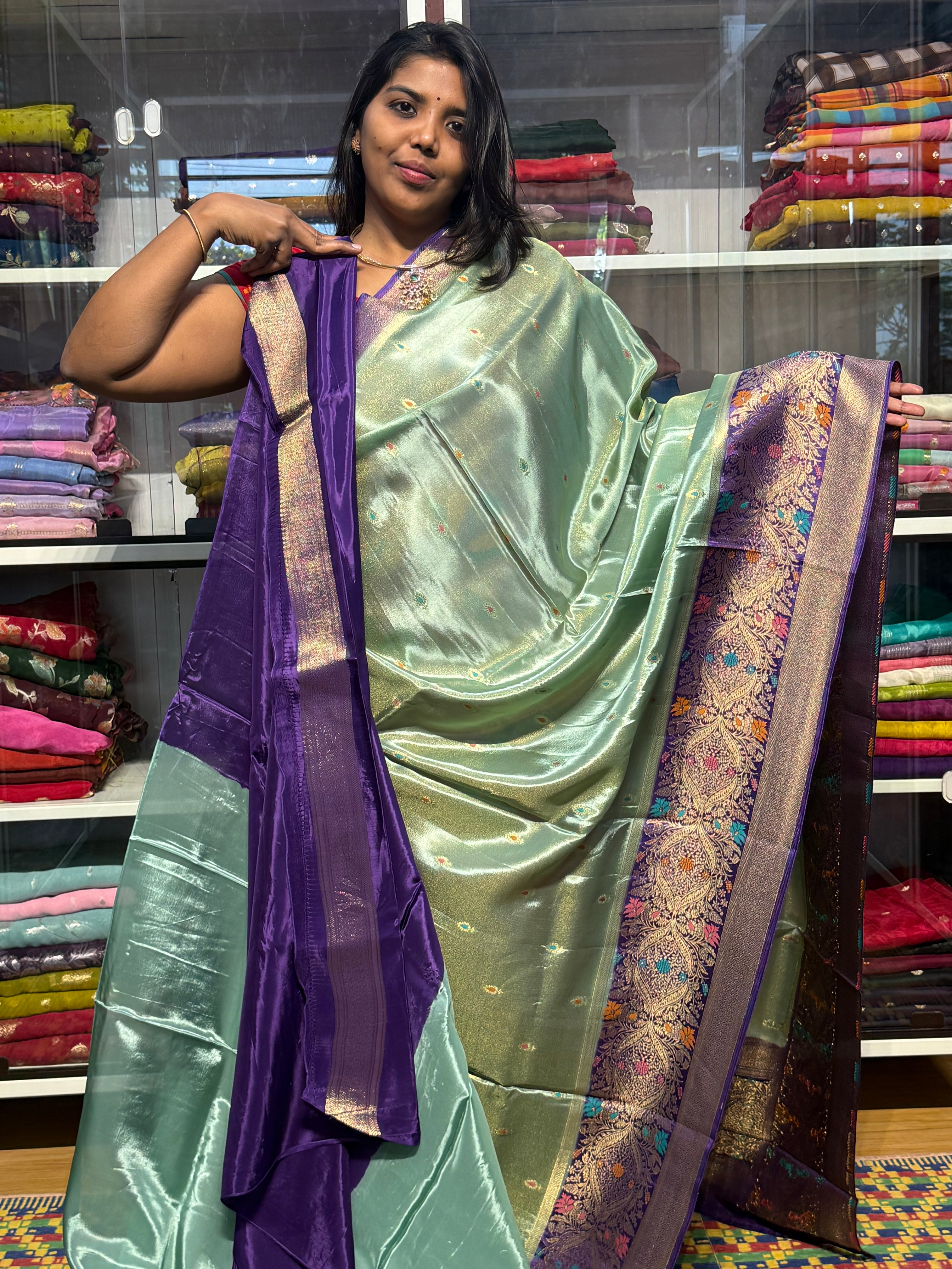 PURE BANARAS TISSUE SILK WITH MEENAKARI BORDER: SEA GREEN