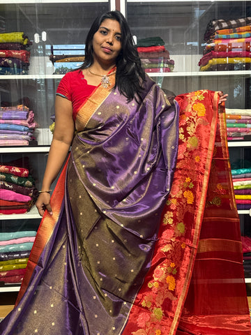PURE BANARAS TISSUE SILK WITH MEENAKARI FLORAL BORDER: VOILET