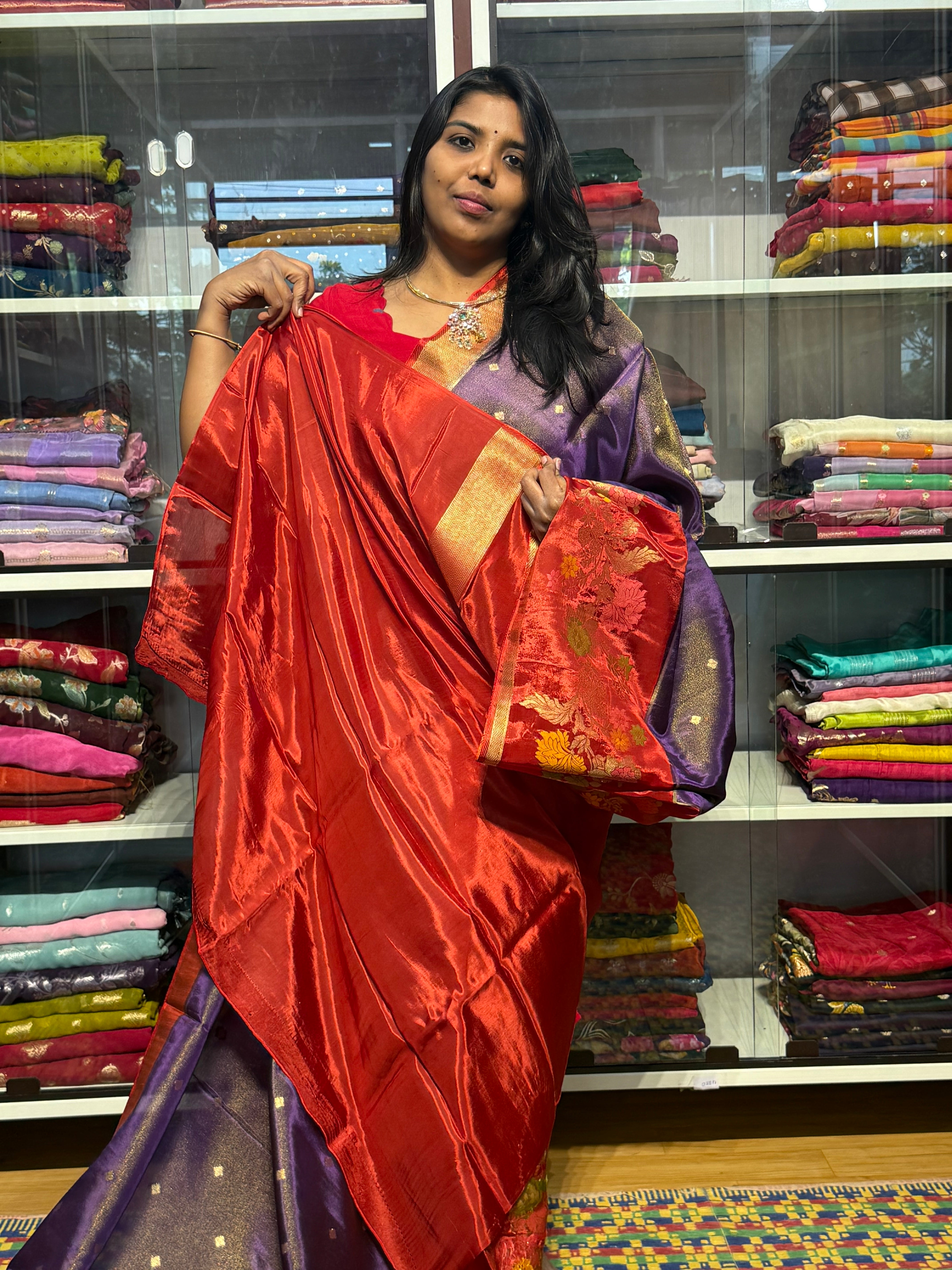 PURE BANARAS TISSUE SILK WITH MEENAKARI FLORAL BORDER: VOILET