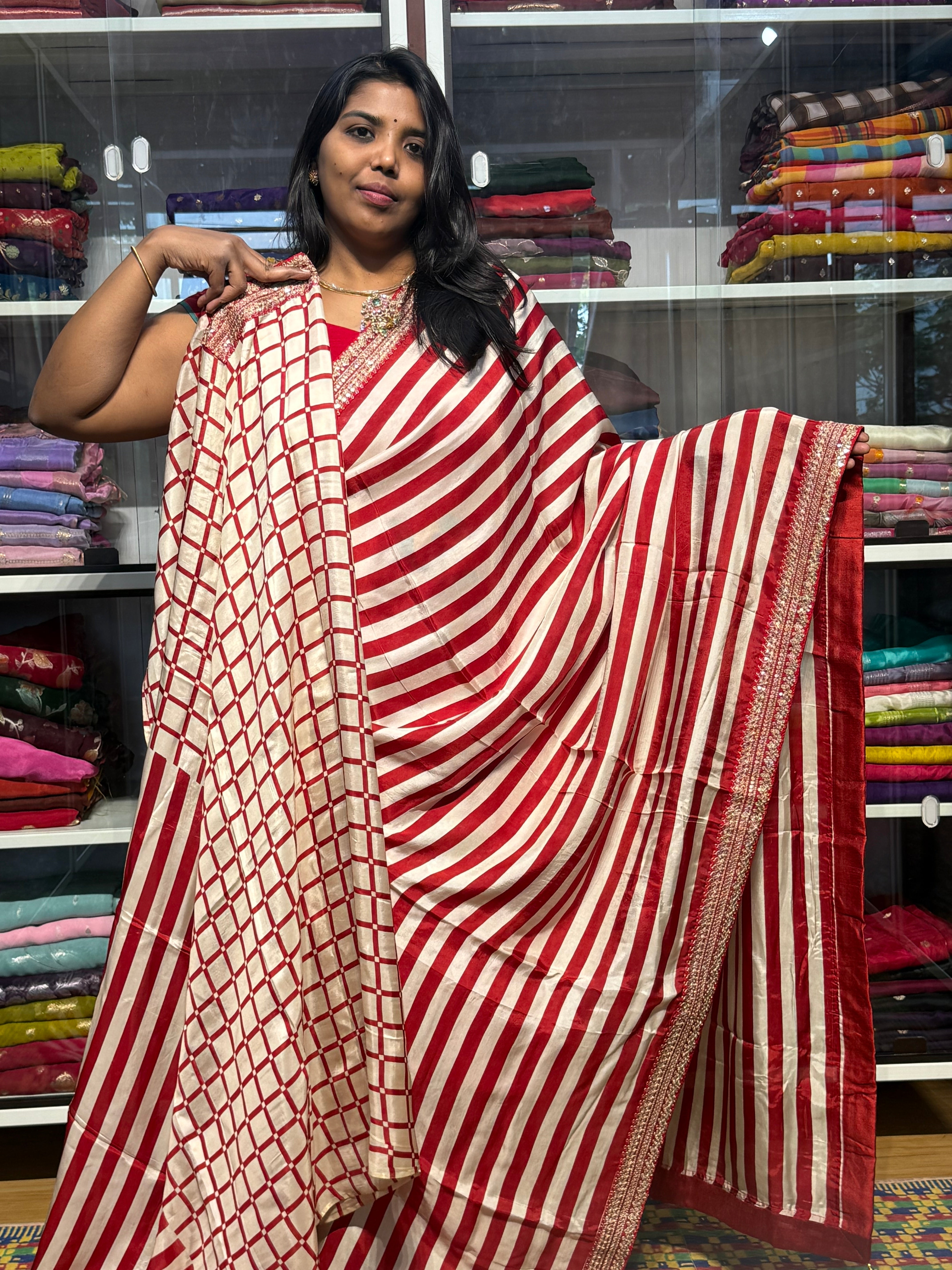 sabyasachi inspired stripes designer saree : RED
