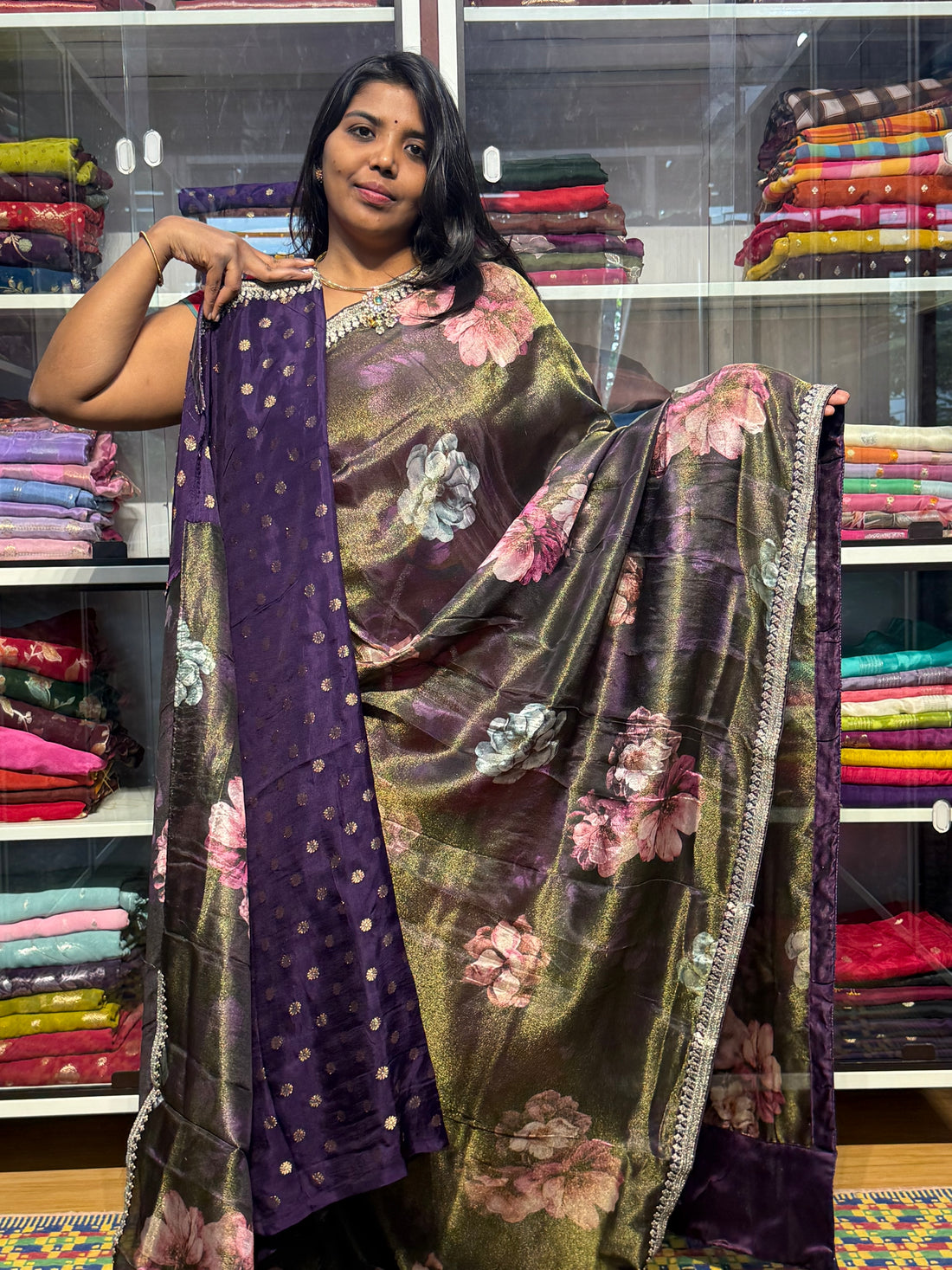 SABYASACHI INSPIRED TISSUE DIGITAL PRINT SAREE: BURGANDY