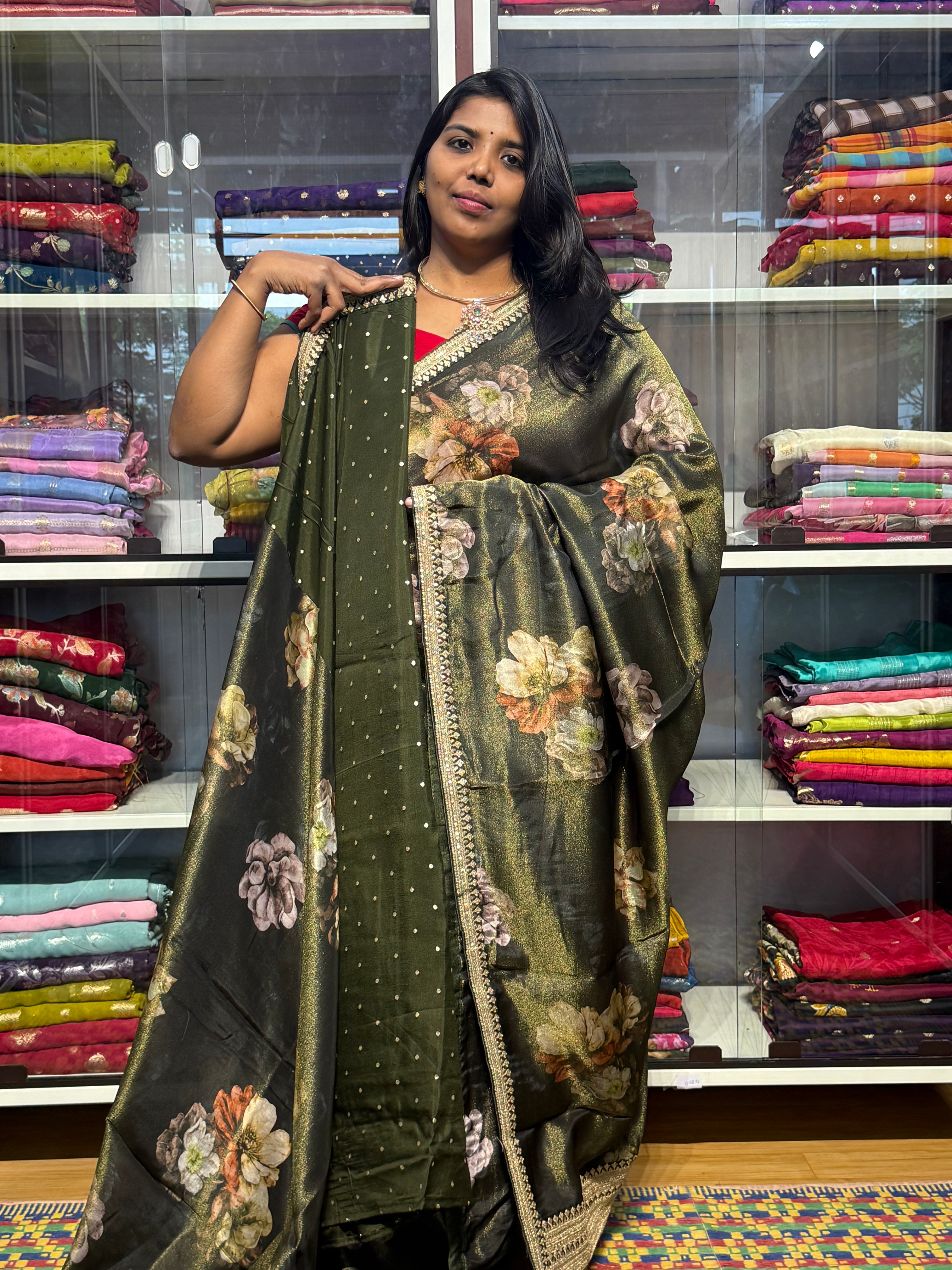 SABYASACHI INSPIRED TISSUE DIGITAL PRINT SAREE: GREEN