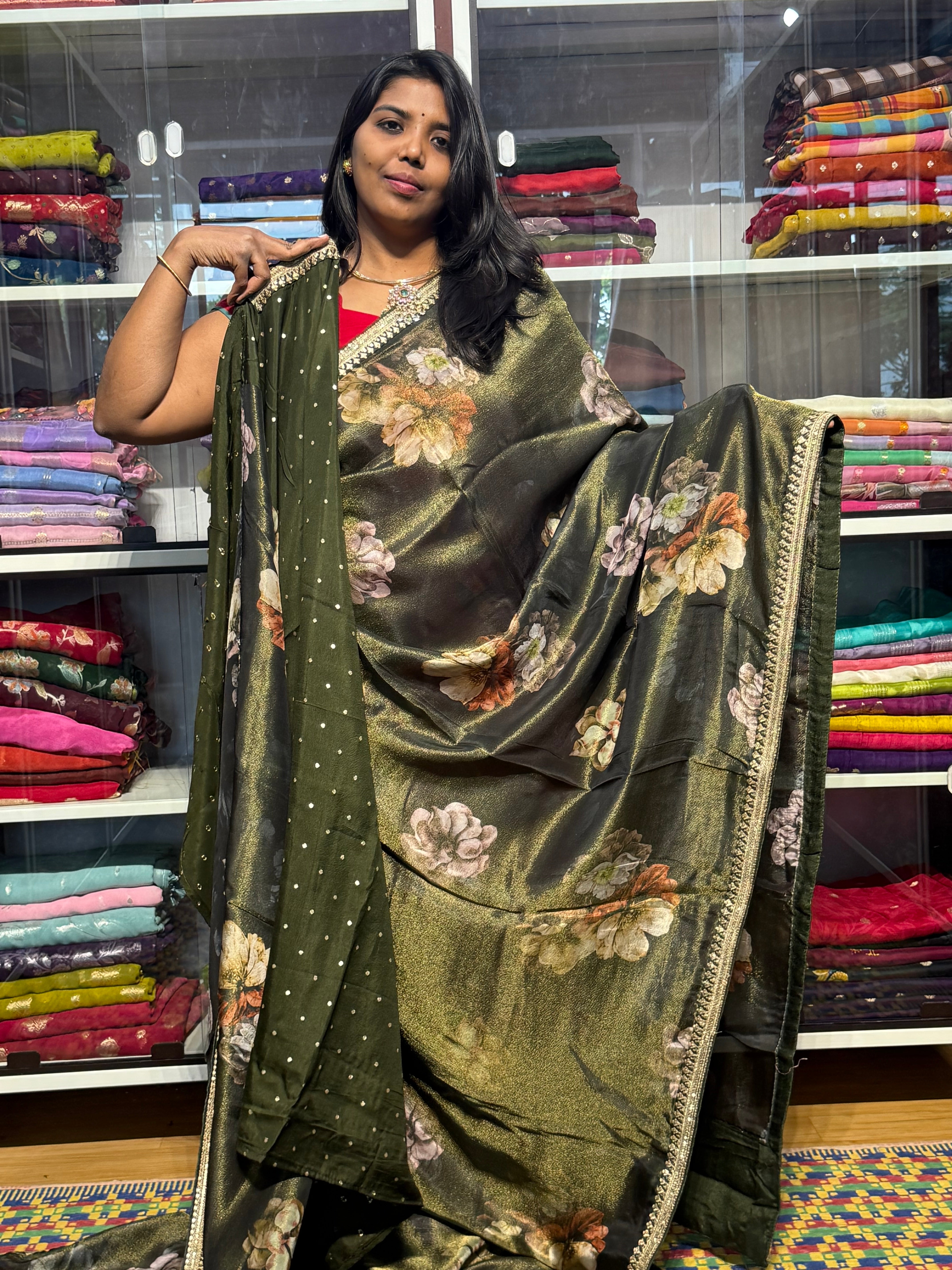SABYASACHI INSPIRED TISSUE DIGITAL PRINT SAREE: GREEN