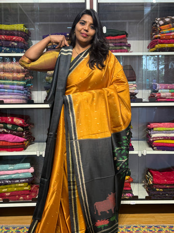 TUSSUR CREPE WITH PENKALAMKARI PALLU: MUSTARD YELLOW