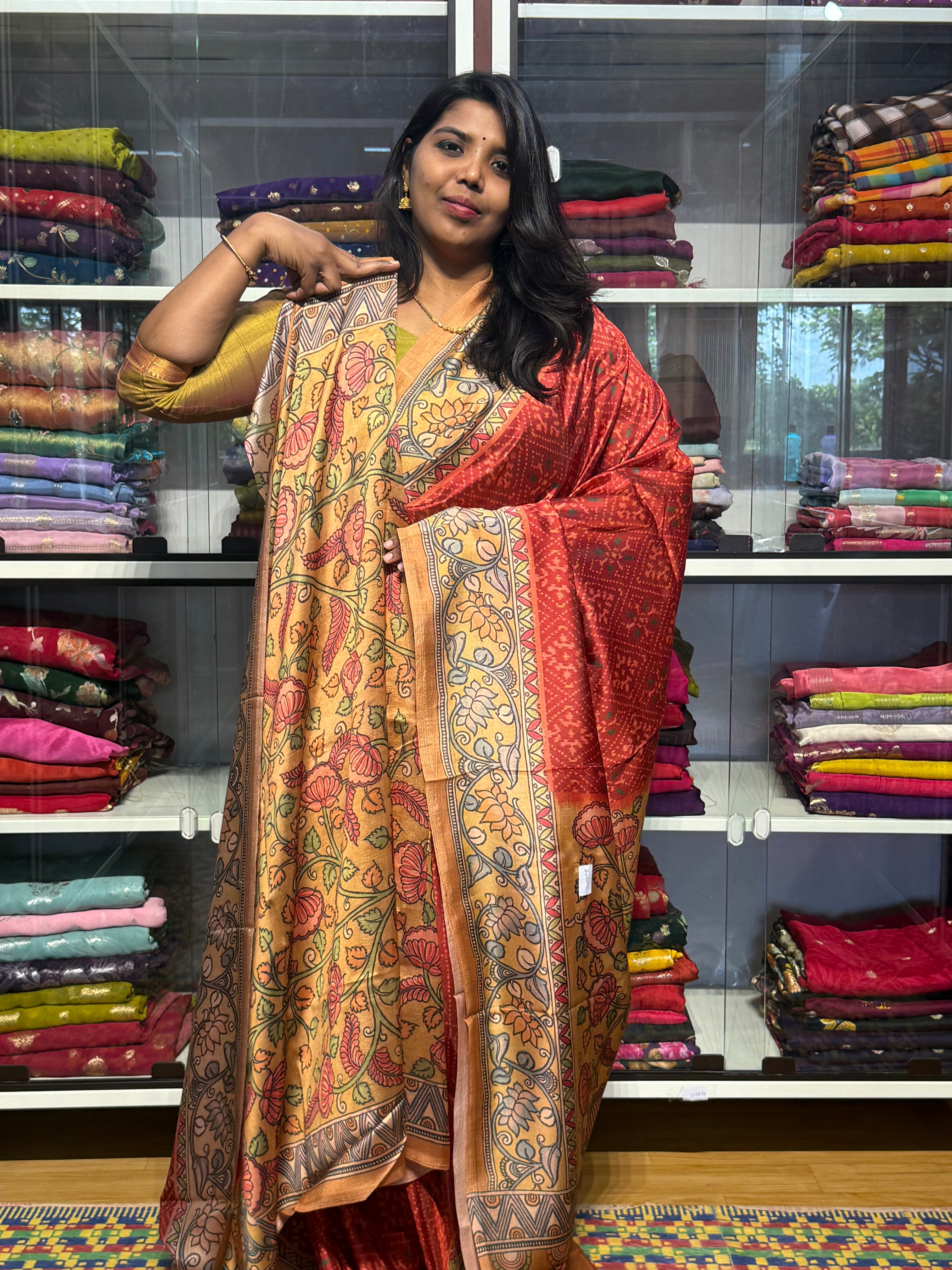 TUSSUR CREPE WITH IKKAT AND PENKALAMKARI FUSION: RED